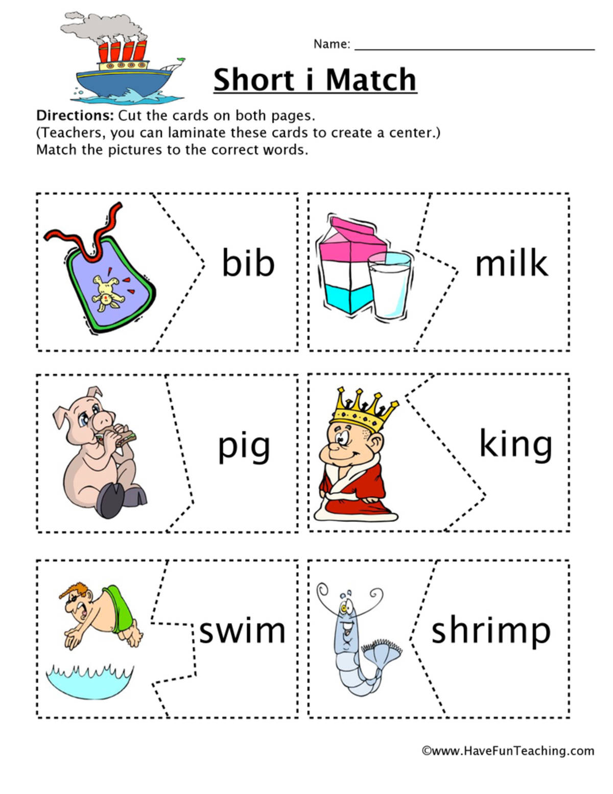 An educational teaching resource from Have Fun Teaching entitled Short I Matching Game Worksheet downloadable at Teach Simple.