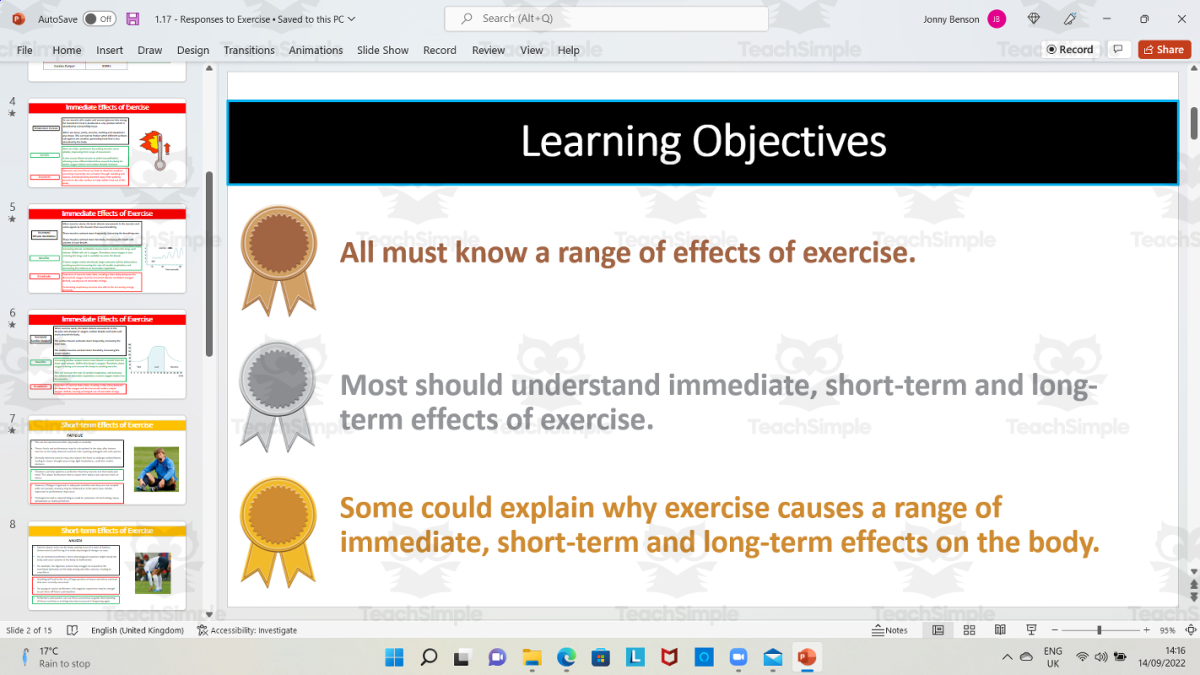 An educational teaching resource from The PE Tutor entitled Short, Medium and Long Term Effects of Exercise downloadable at Teach Simple.