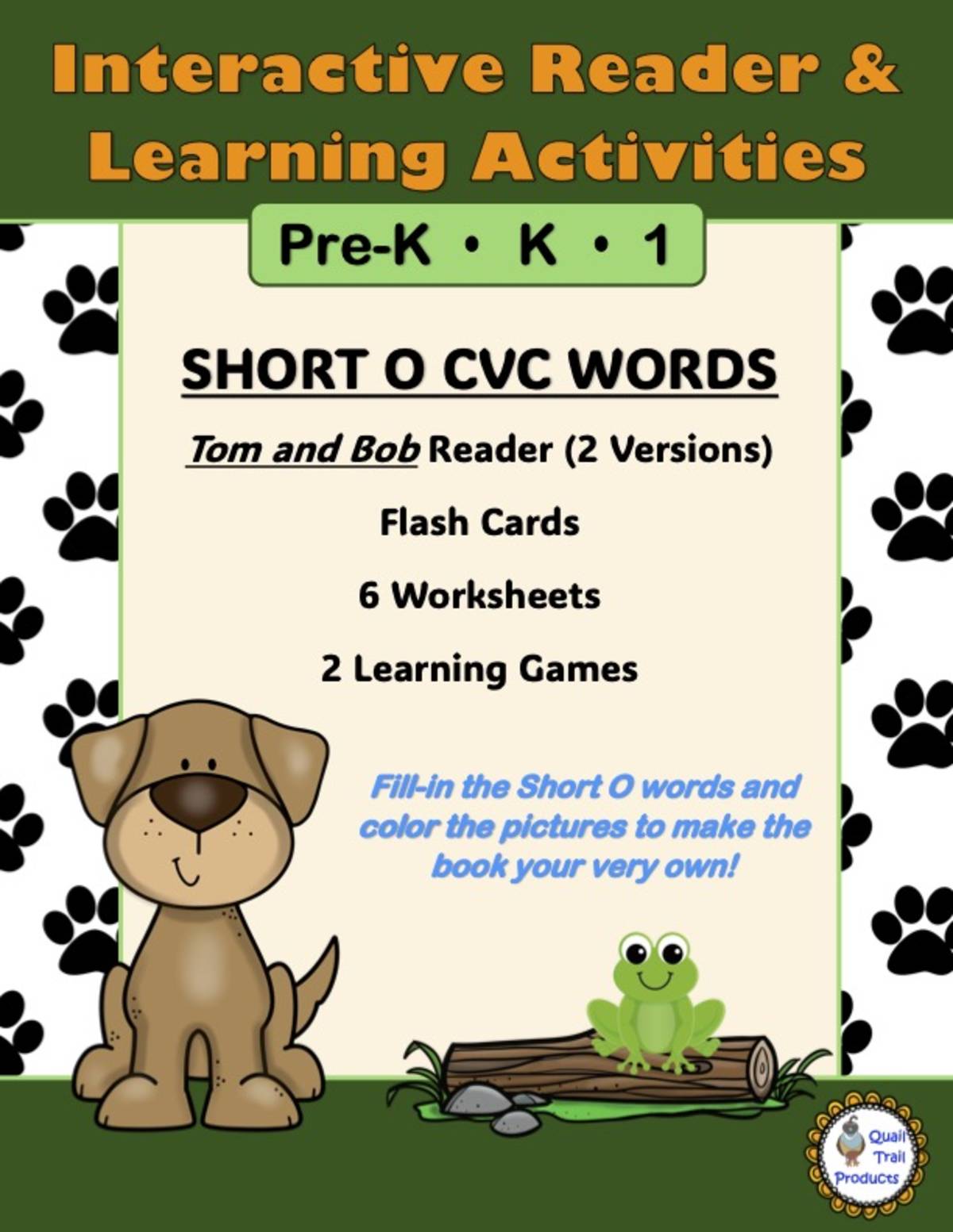 An educational teaching resource from Quail Trail Products entitled Short O Interactive Reader and Learning Activities downloadable at Teach Simple.