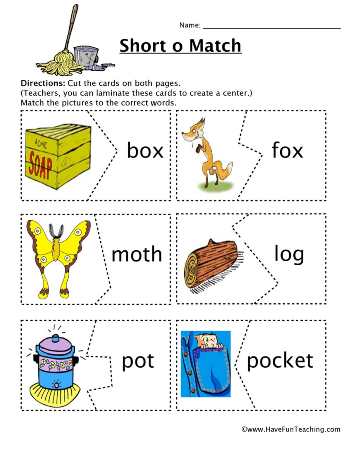 An educational teaching resource from Have Fun Teaching entitled Short O Matching Game Worksheet downloadable at Teach Simple.