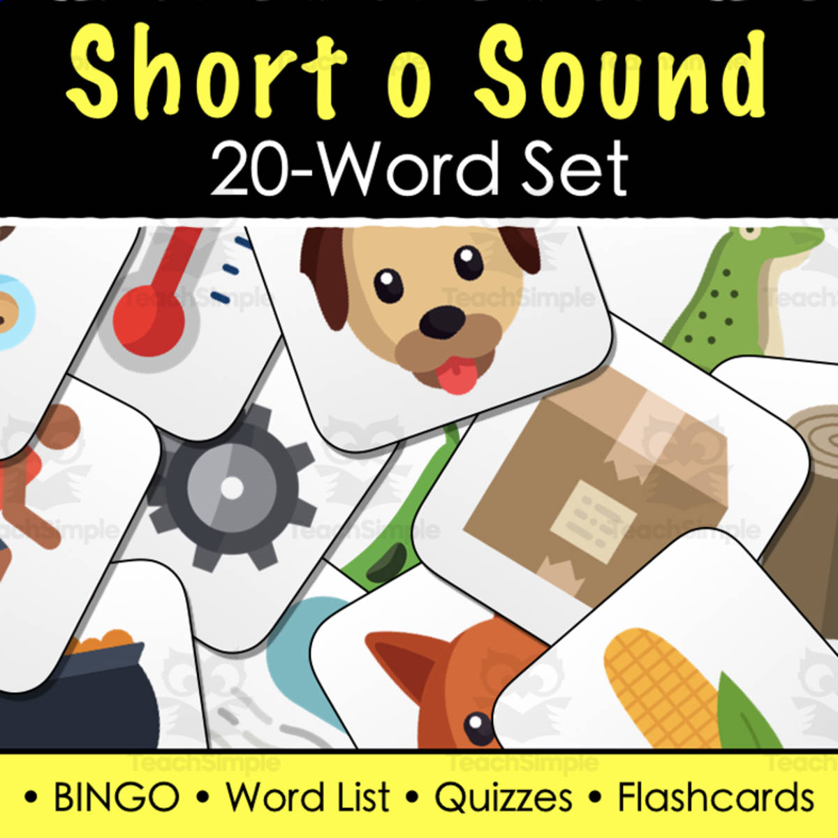 An educational teaching resource from Tom's Talk entitled Short o Vowel Sound Words - Vocabulary Lists, Tests, BINGO, and Flash Cards downloadable at Teach Simple.