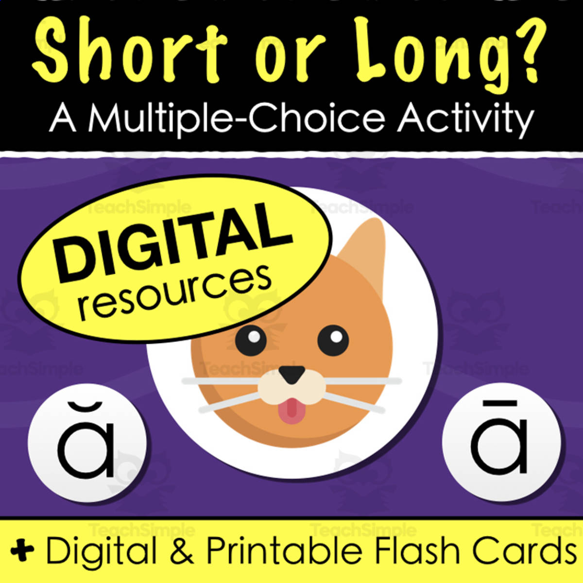 An educational teaching resource from Tom's Talk entitled Short or Long Vowel? Multiple Choice Quiz + Digital & Print Flashcards downloadable at Teach Simple.