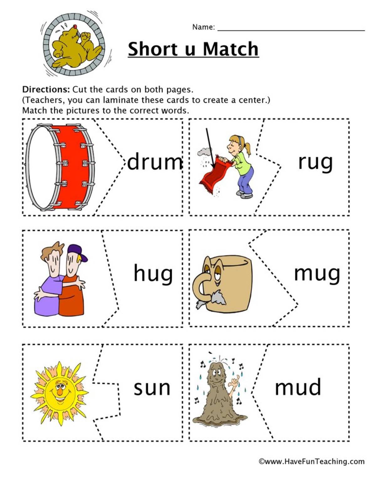 An educational teaching resource from Have Fun Teaching entitled Short U Matching Game Worksheet downloadable at Teach Simple.