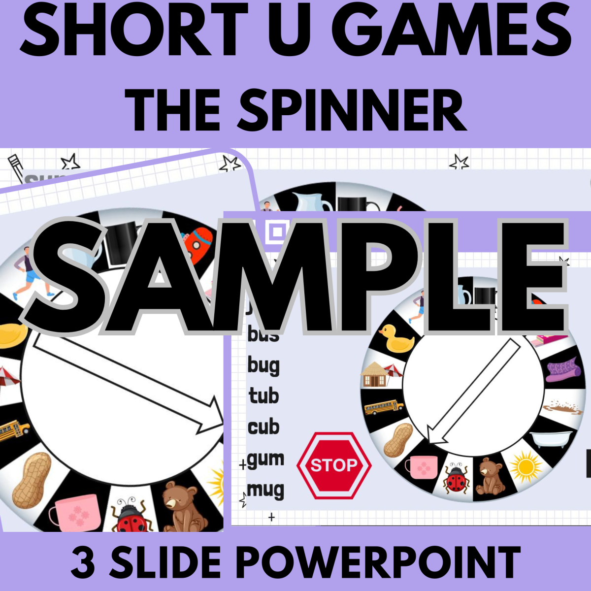 An educational teaching resource from Cored Education entitled Short U: Sample Phonics Games and Activities - The Spinner downloadable at Teach Simple.