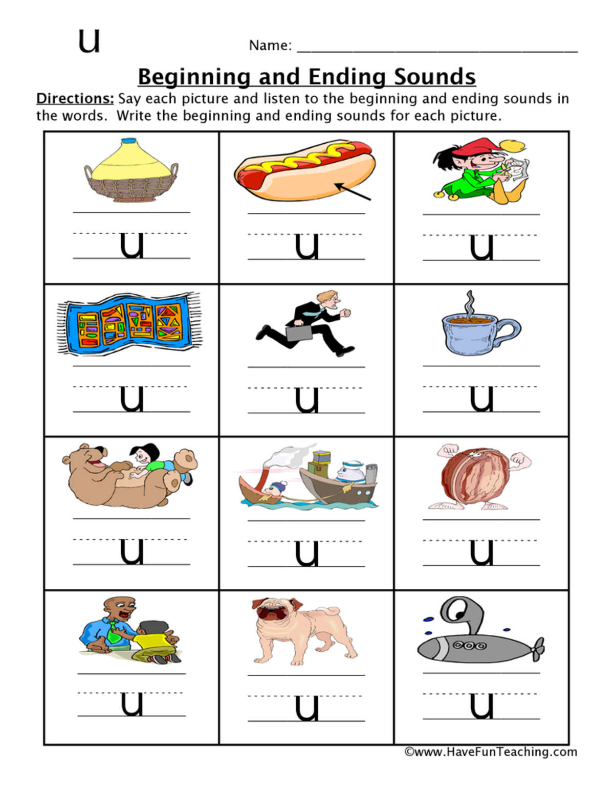 An educational teaching resource from Have Fun Teaching entitled Short U Words Beginning and Ending Sounds Worksheet downloadable at Teach Simple.