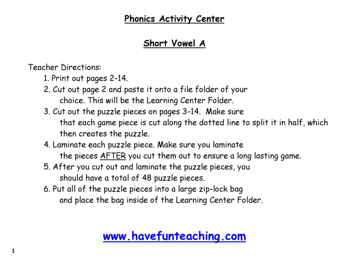 An educational teaching resource from Have Fun Teaching entitled Short Vowel A Puzzle downloadable at Teach Simple.
