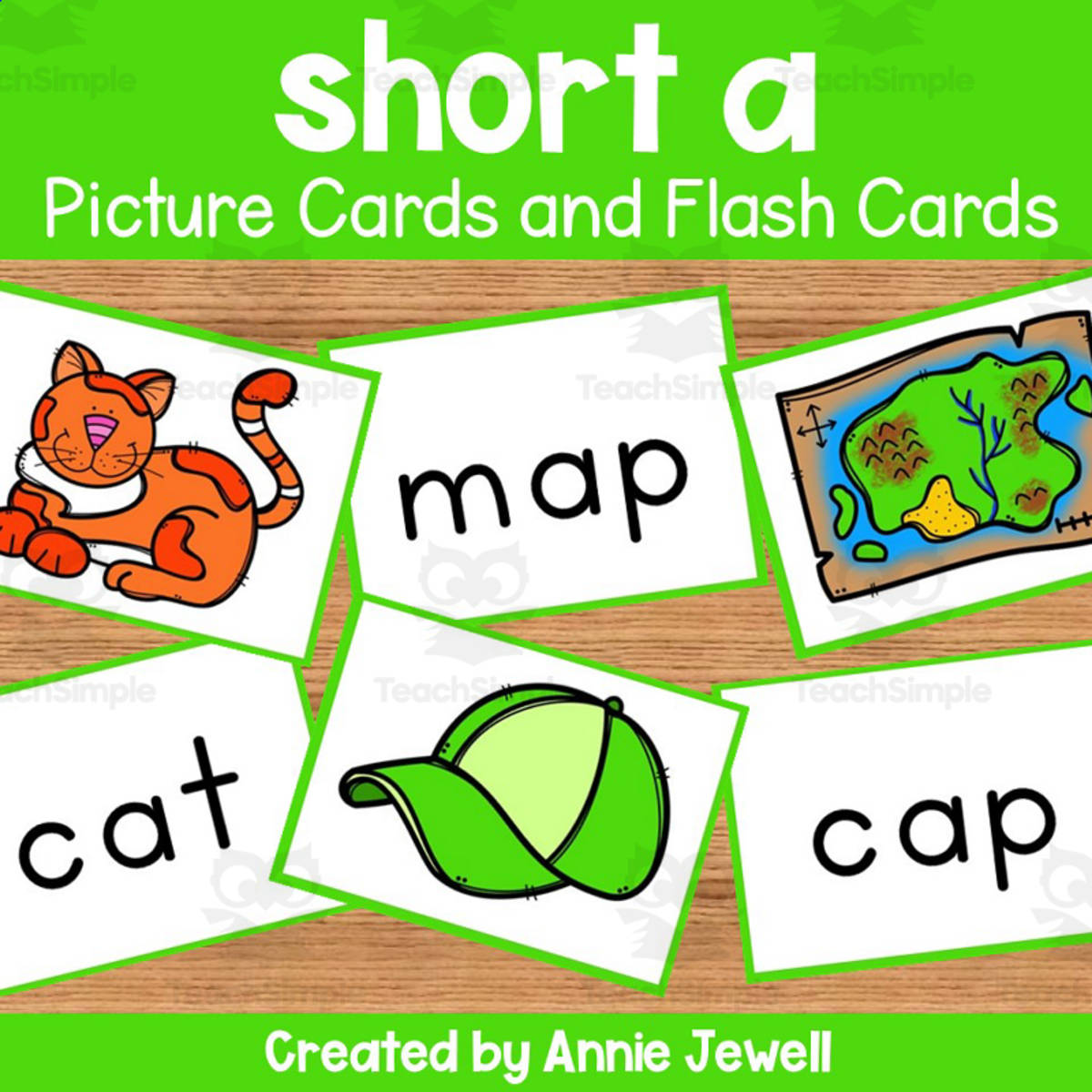 An educational teaching resource from Annie Jewell entitled Short Vowel Flash Cards and Picture Cards - short a downloadable at Teach Simple.