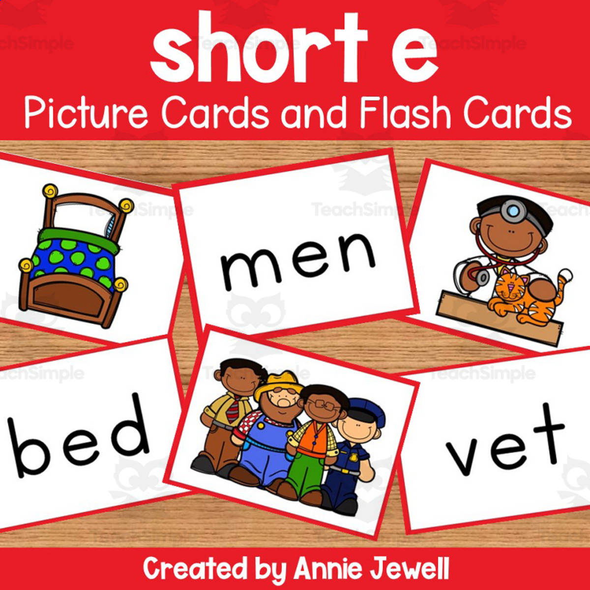 An educational teaching resource from Annie Jewell entitled Short Vowel Flash Cards and PIcture Cards - Short e downloadable at Teach Simple.