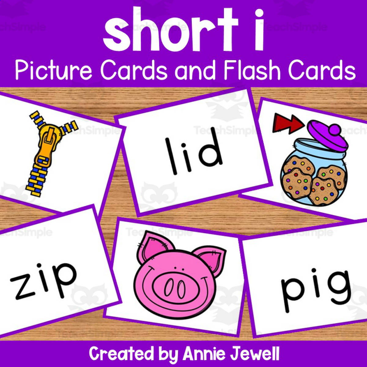 An educational teaching resource from Annie Jewell entitled Short Vowel Flash Cards and Picture Cards - Short i downloadable at Teach Simple.