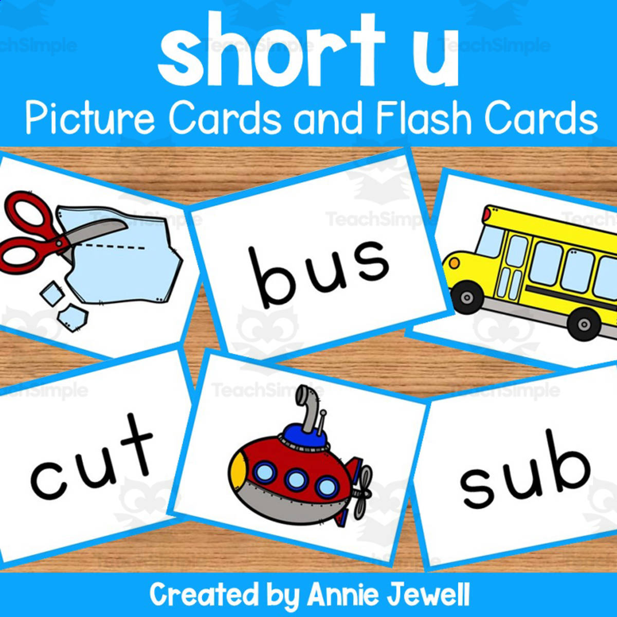 An educational teaching resource from Annie Jewell entitled Short Vowel Flash Cards and Picture Cards - Short u downloadable at Teach Simple.