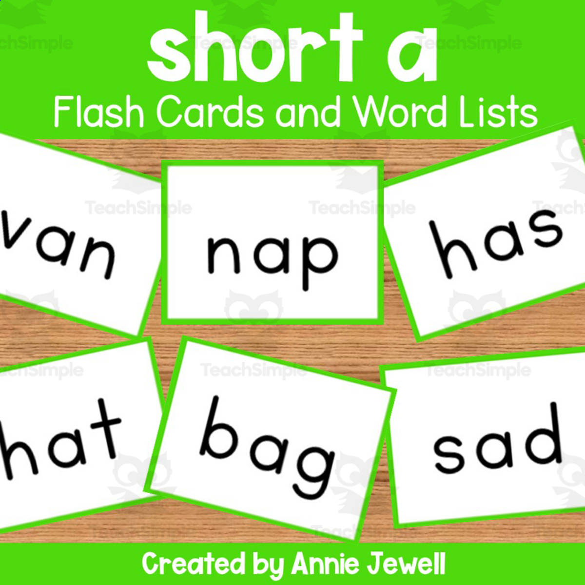 An educational teaching resource from Annie Jewell entitled Short Vowel Flash Cards and Word Lists - Short a downloadable at Teach Simple.