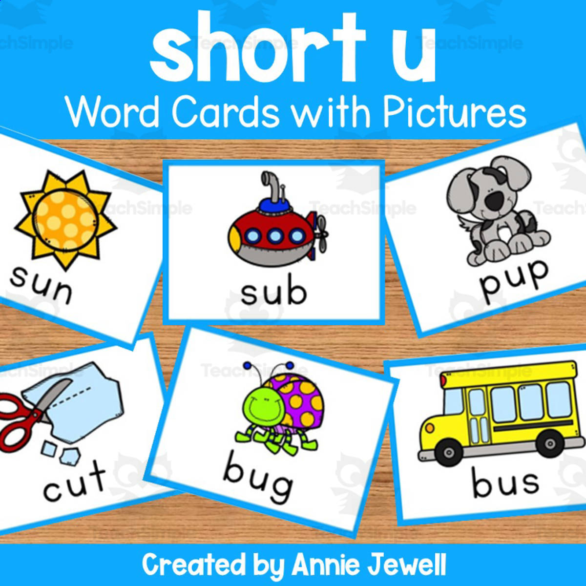 An educational teaching resource from Annie Jewell entitled Short Vowel Flash Cards with Pictures - Short u downloadable at Teach Simple.