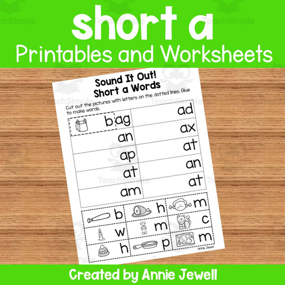 An educational teaching resource from Annie Jewell entitled Short Vowel Worksheets and Printables - short a downloadable at Teach Simple.