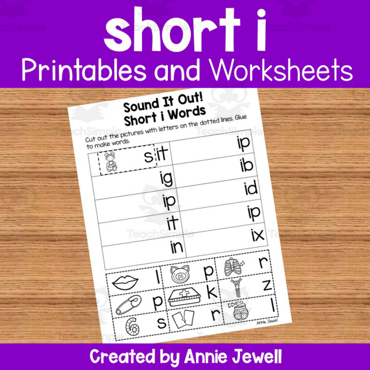 An educational teaching resource from Annie Jewell entitled Short Vowel Worksheets and Printables - Short i downloadable at Teach Simple.