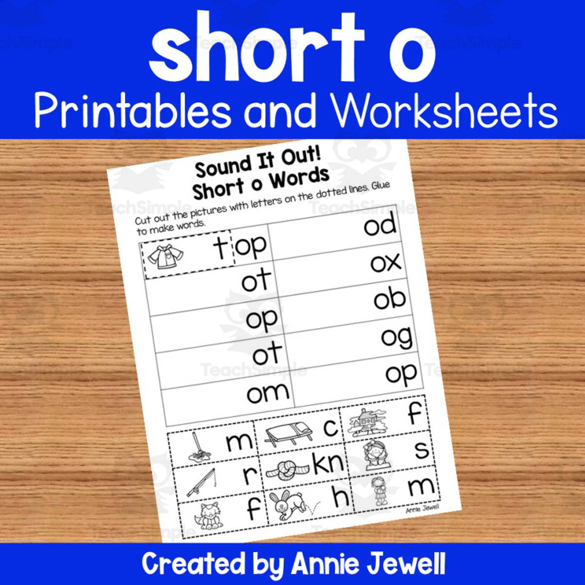 An educational teaching resource from Annie Jewell entitled Short Vowel Worksheets and Printables - Short o downloadable at Teach Simple.