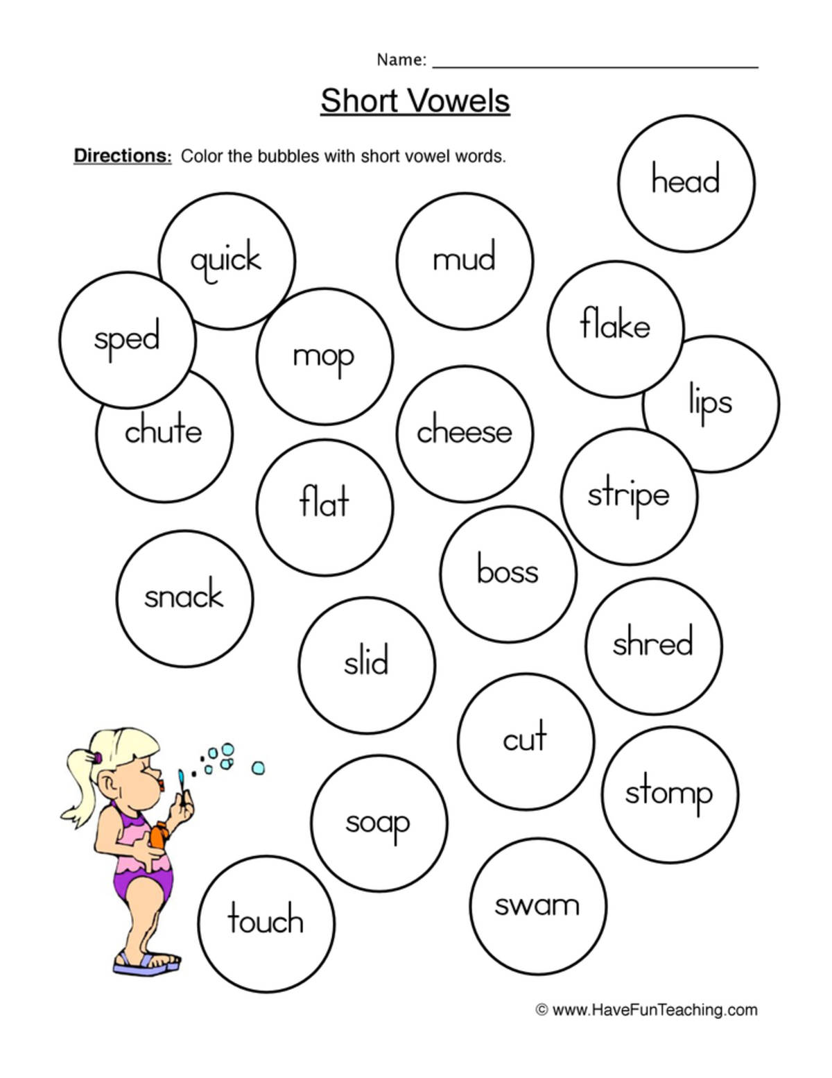 An educational teaching resource from Have Fun Teaching entitled Short Vowels Coloring Worksheet downloadable at Teach Simple.