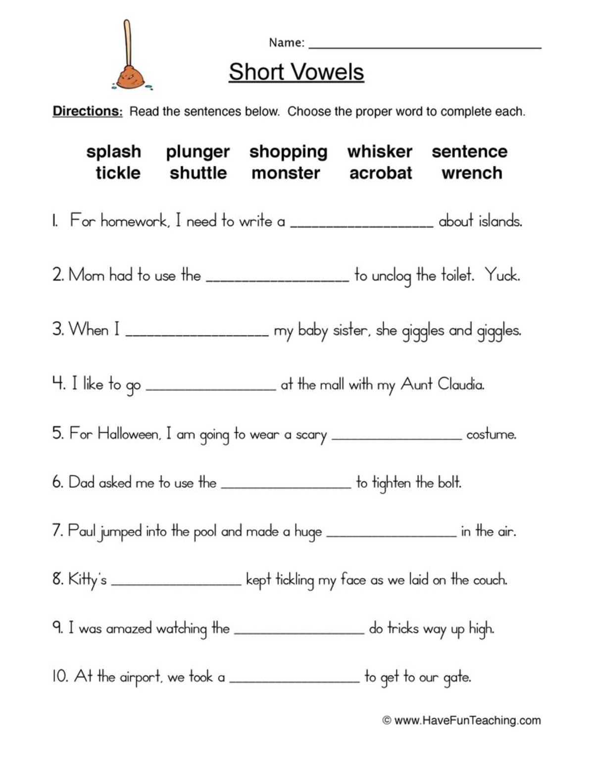 An educational teaching resource from Have Fun Teaching entitled Short Vowels Fill in the Blank Worksheet downloadable at Teach Simple.
