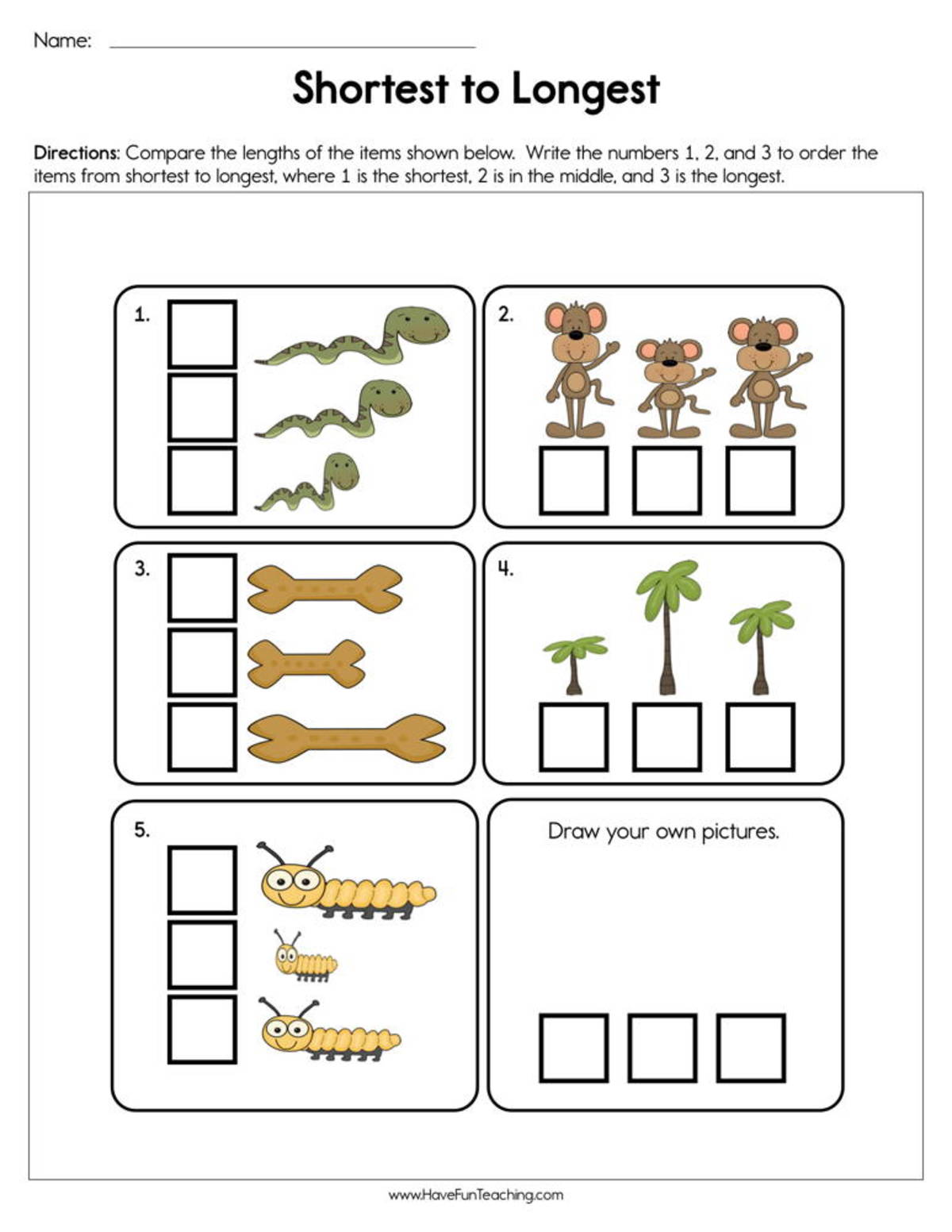 An educational teaching resource from Have Fun Teaching entitled Shortest to Longest Worksheet downloadable at Teach Simple.