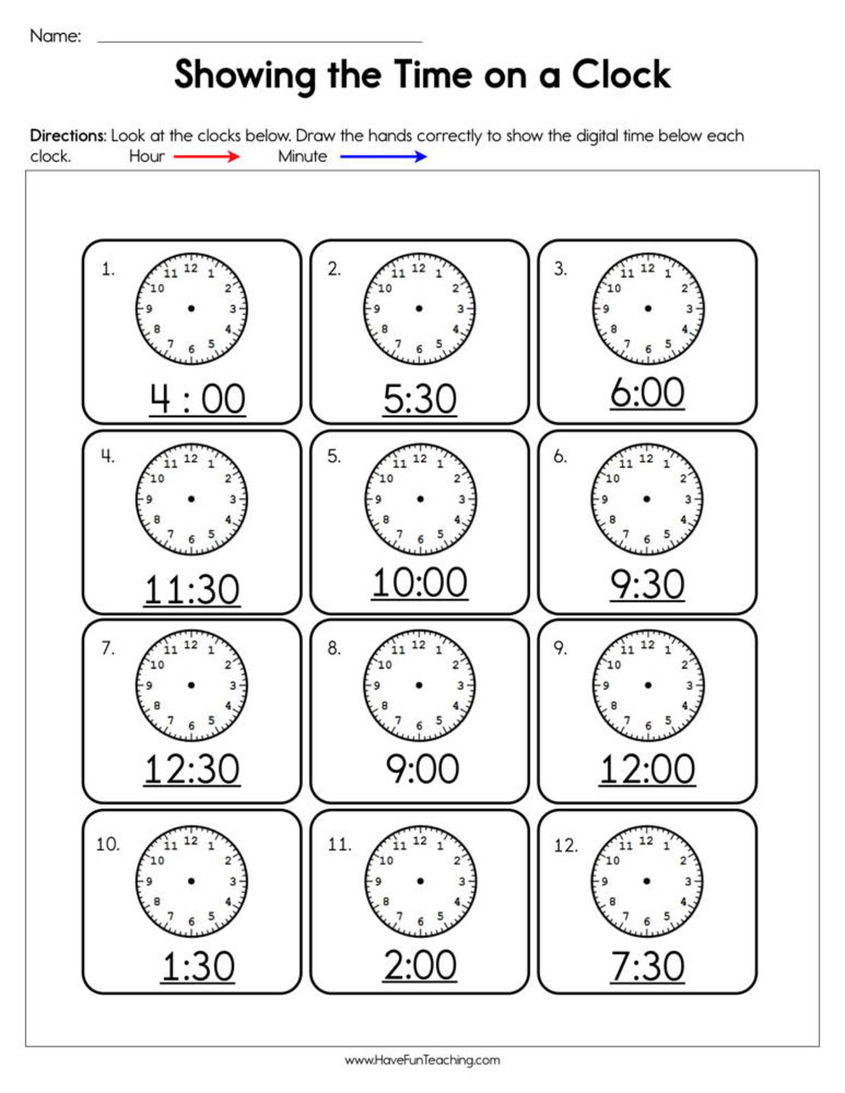 An educational teaching resource from Have Fun Teaching entitled Showing the Time on a Clock Worksheet downloadable at Teach Simple.