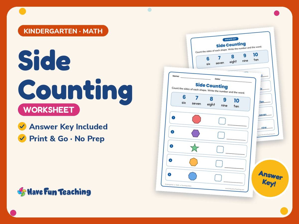 Side Counting Worksheet – Kindergarten Shapes Practice + Answer Key preview