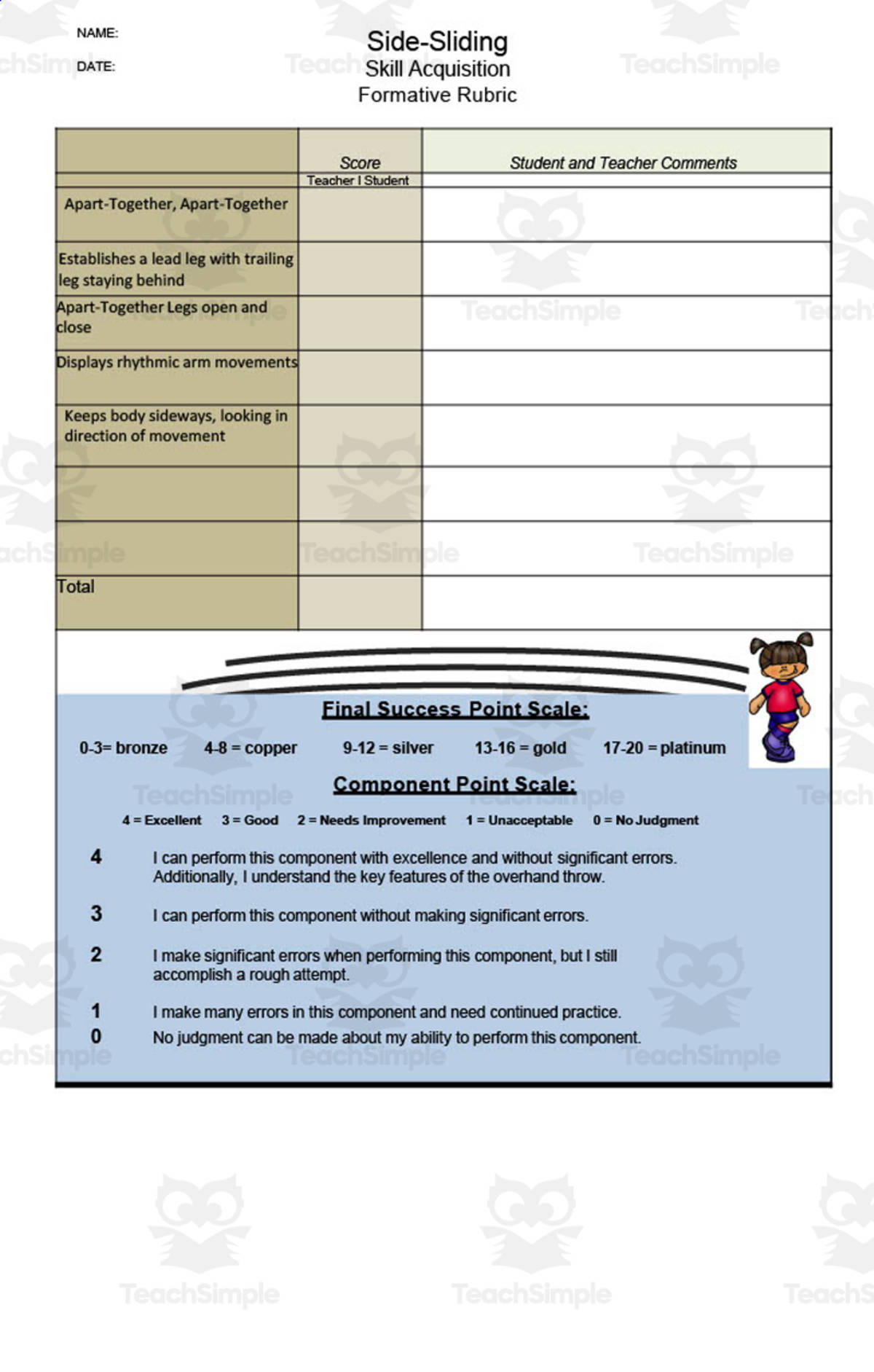 An educational teaching resource from Gems from the Gym entitled Side-Sliding Rubric downloadable at Teach Simple.