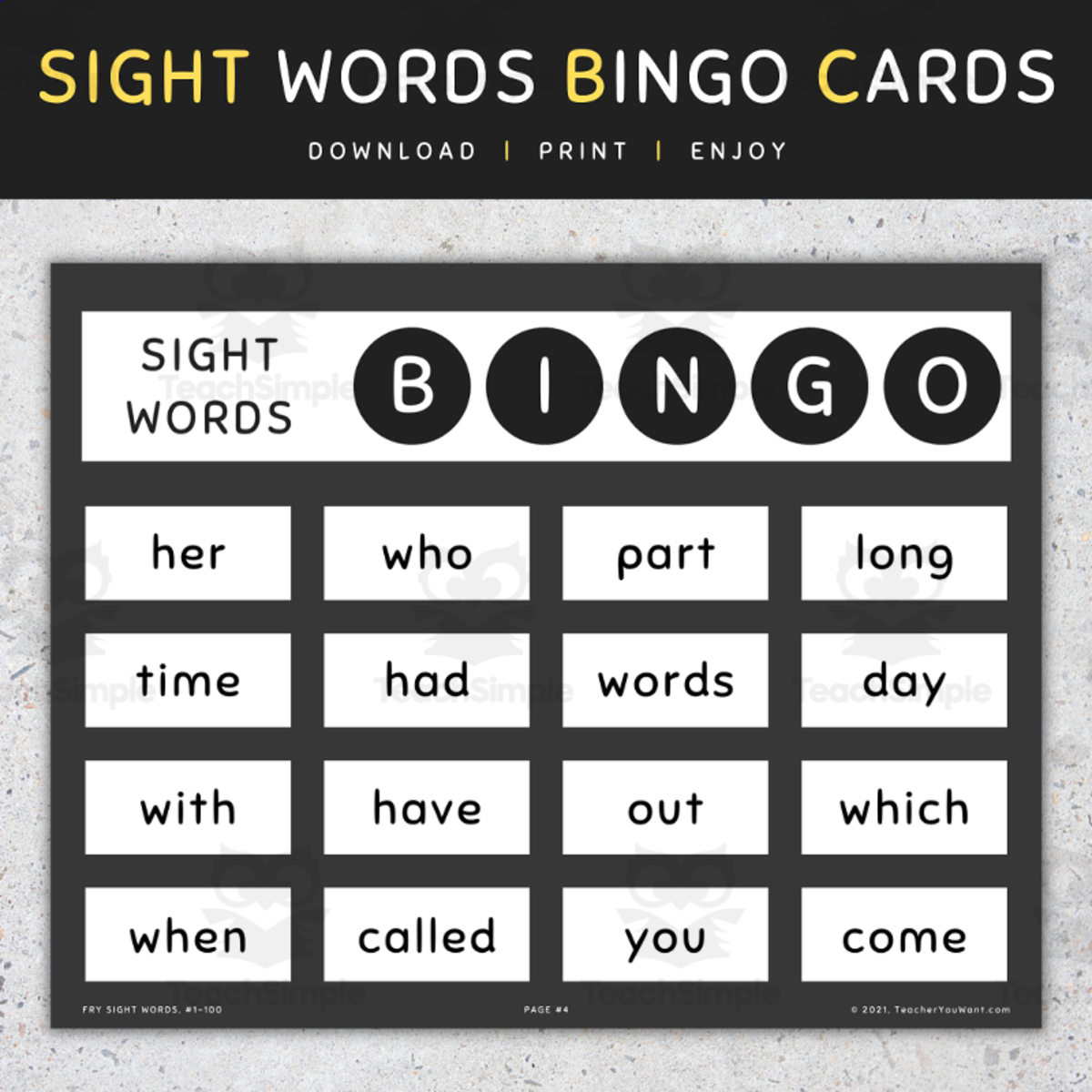 An educational teaching resource from TeacherYouWant entitled Sight Word Bingo Cards: 1st 100 Fry Sight Words, Fun Activities & Games downloadable at Teach Simple.