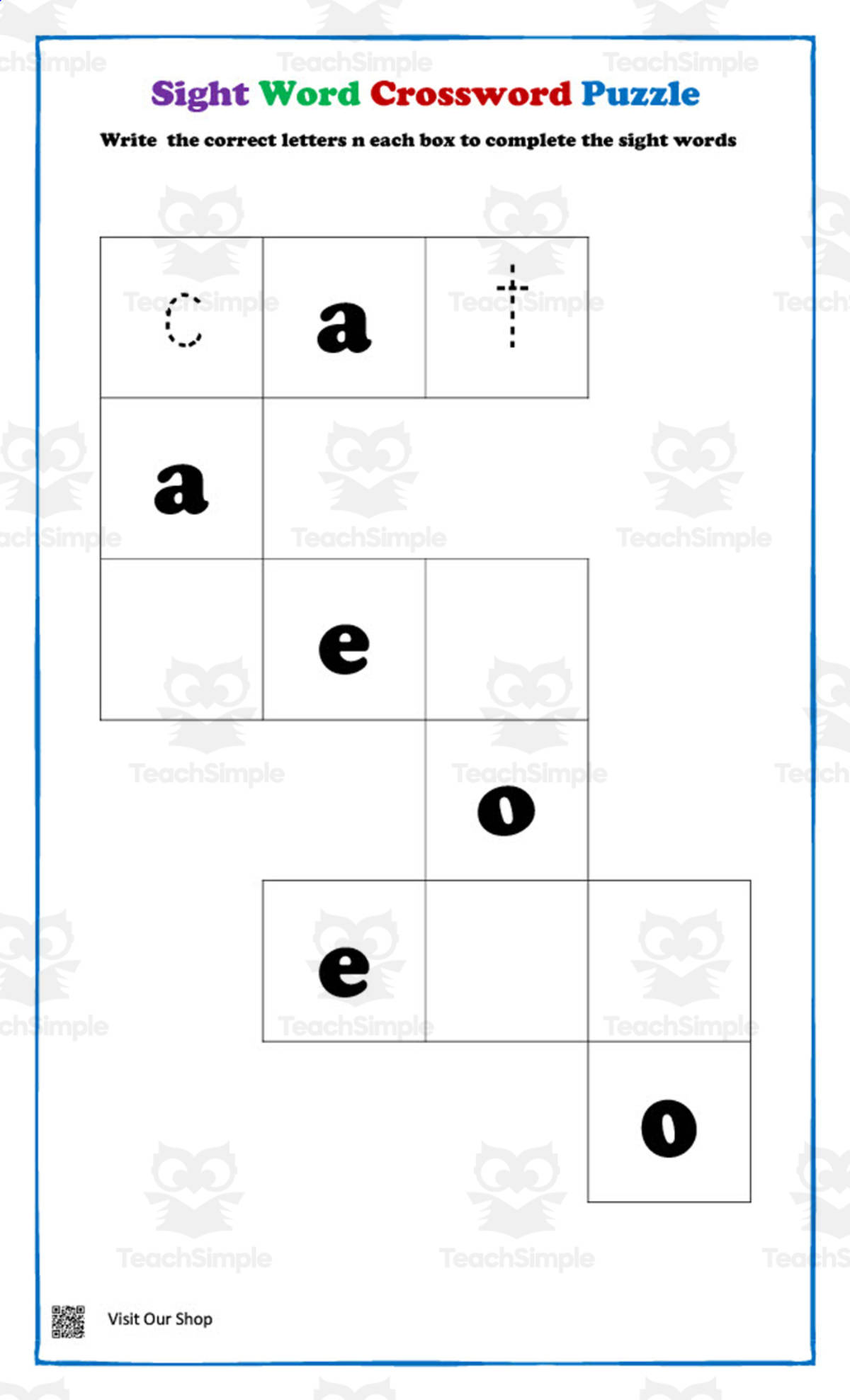 An educational teaching resource from KD's Kids School Shop entitled Sight Word Cross Word Puzzle downloadable at Teach Simple.