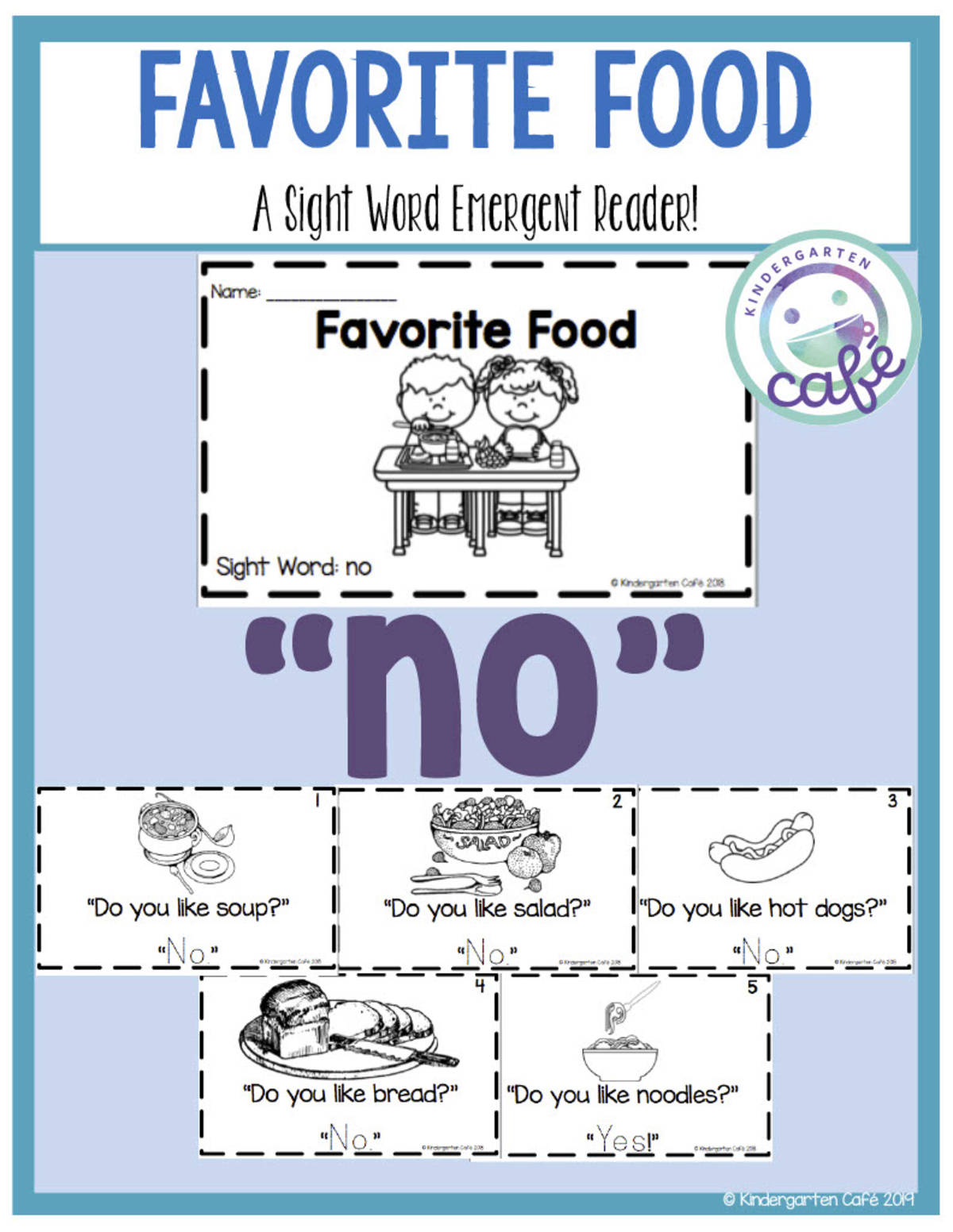 An educational teaching resource from Kindergarten Cafe entitled Sight Word Emergent Reader: Favorite Food Printable Booklet | "no" sight word downloadable at Teach Simple.