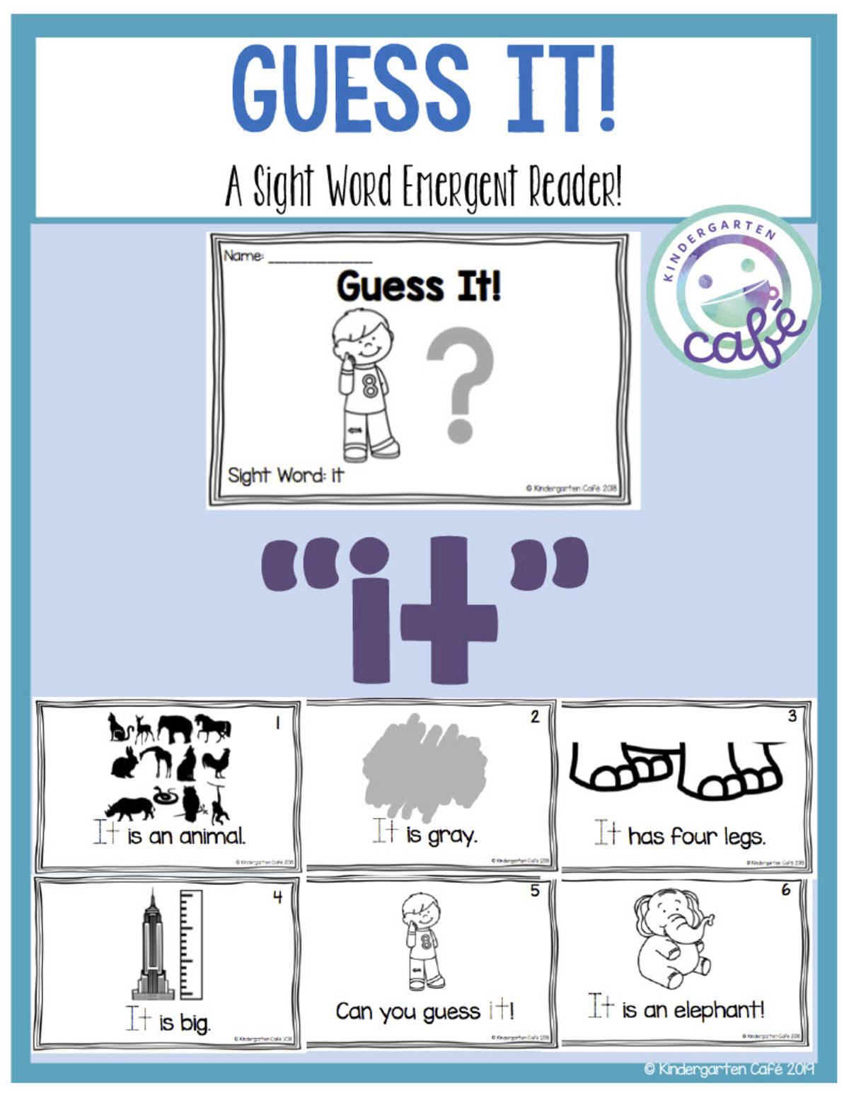 An educational teaching resource from Kindergarten Cafe entitled Sight Word Emergent Reader: Guess It! Printable Booklet | "it" sight word downloadable at Teach Simple.