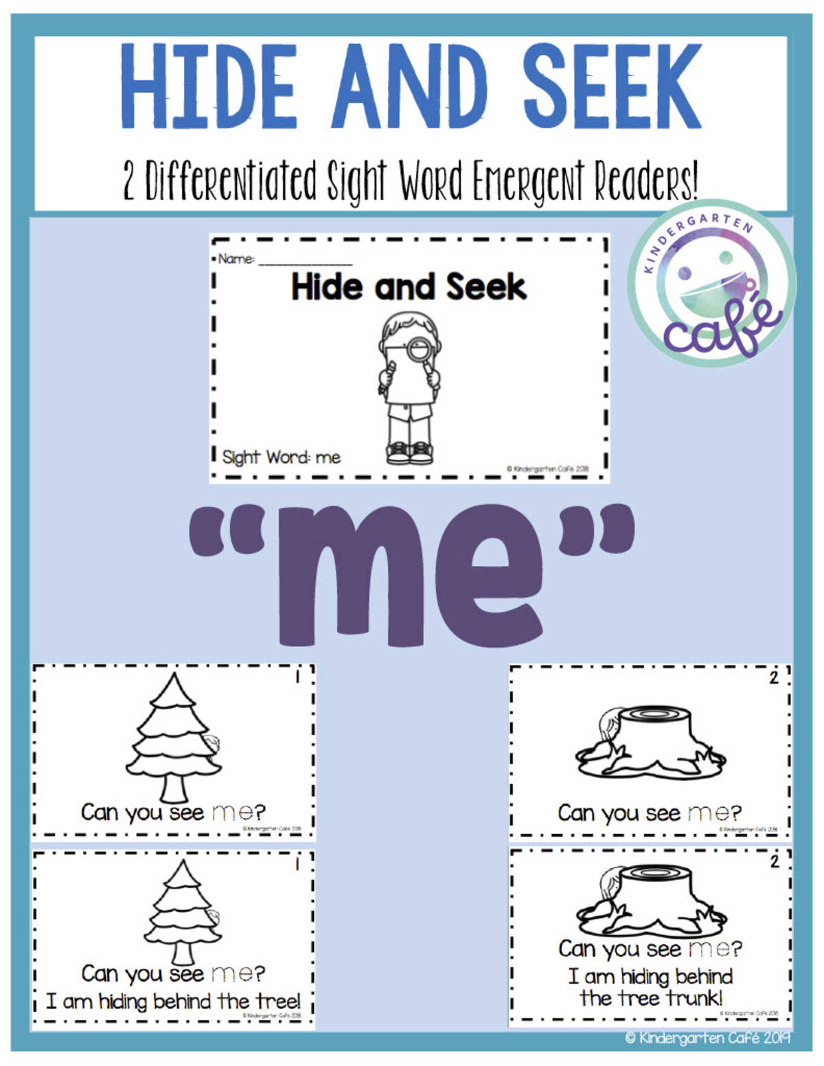 An educational teaching resource from Kindergarten Cafe entitled Sight Word Emergent Reader: Hide and Seek Printable Booklets | "me" sight word downloadable at Teach Simple.