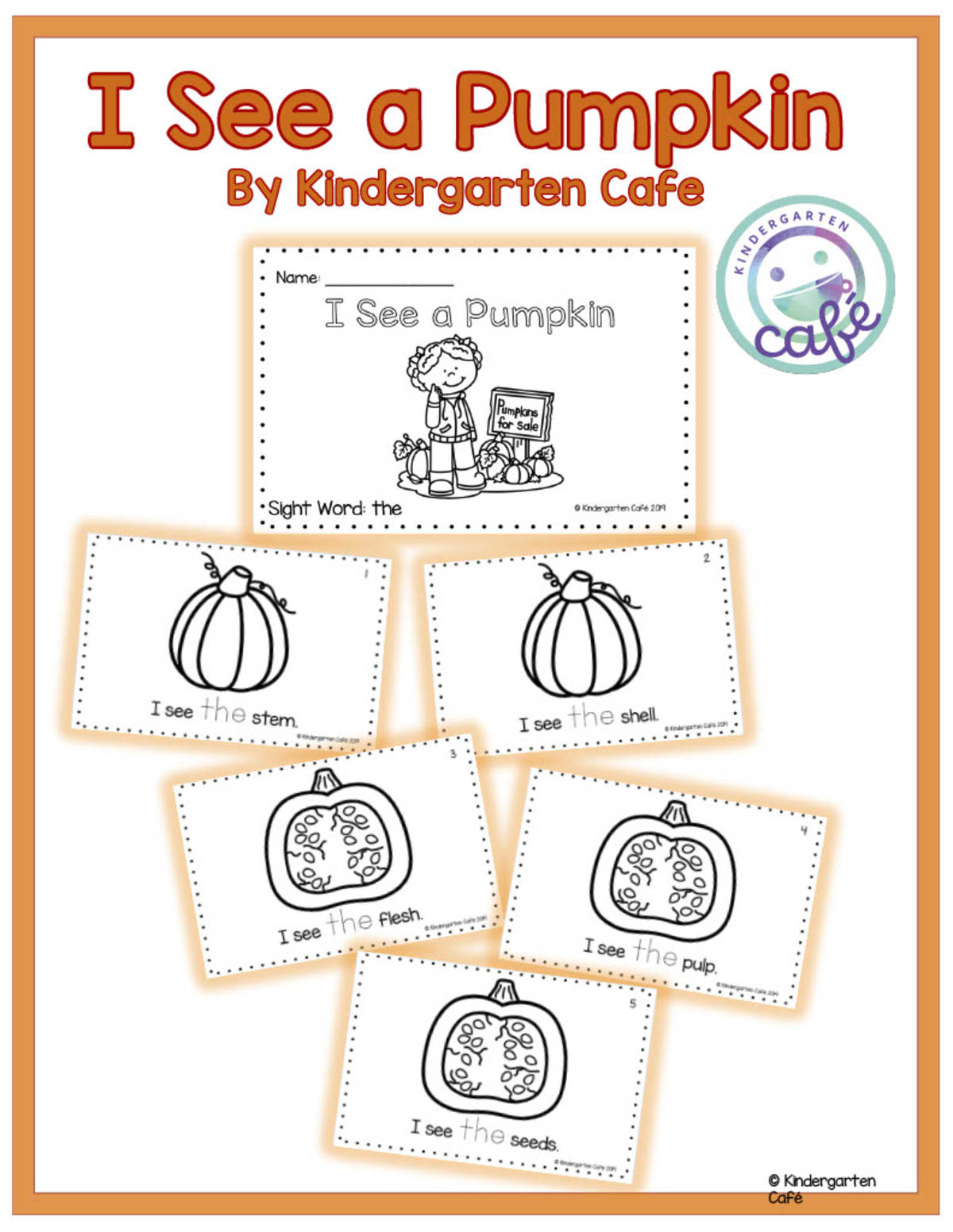 An educational teaching resource from Kindergarten Cafe entitled Sight Word Emergent Reader: I See a Pumpkin Printable Booklet | "the" sight word downloadable at Teach Simple.