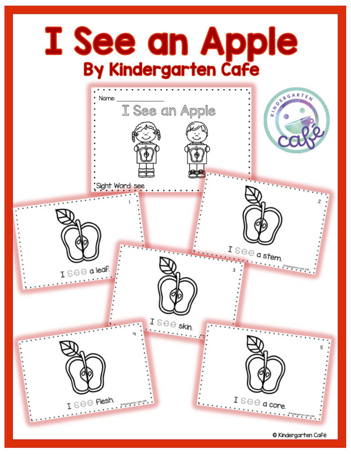 An educational teaching resource from Kindergarten Cafe entitled Sight Word Emergent Reader: I See an Apple Printable Booklet | "see" sight word downloadable at Teach Simple.