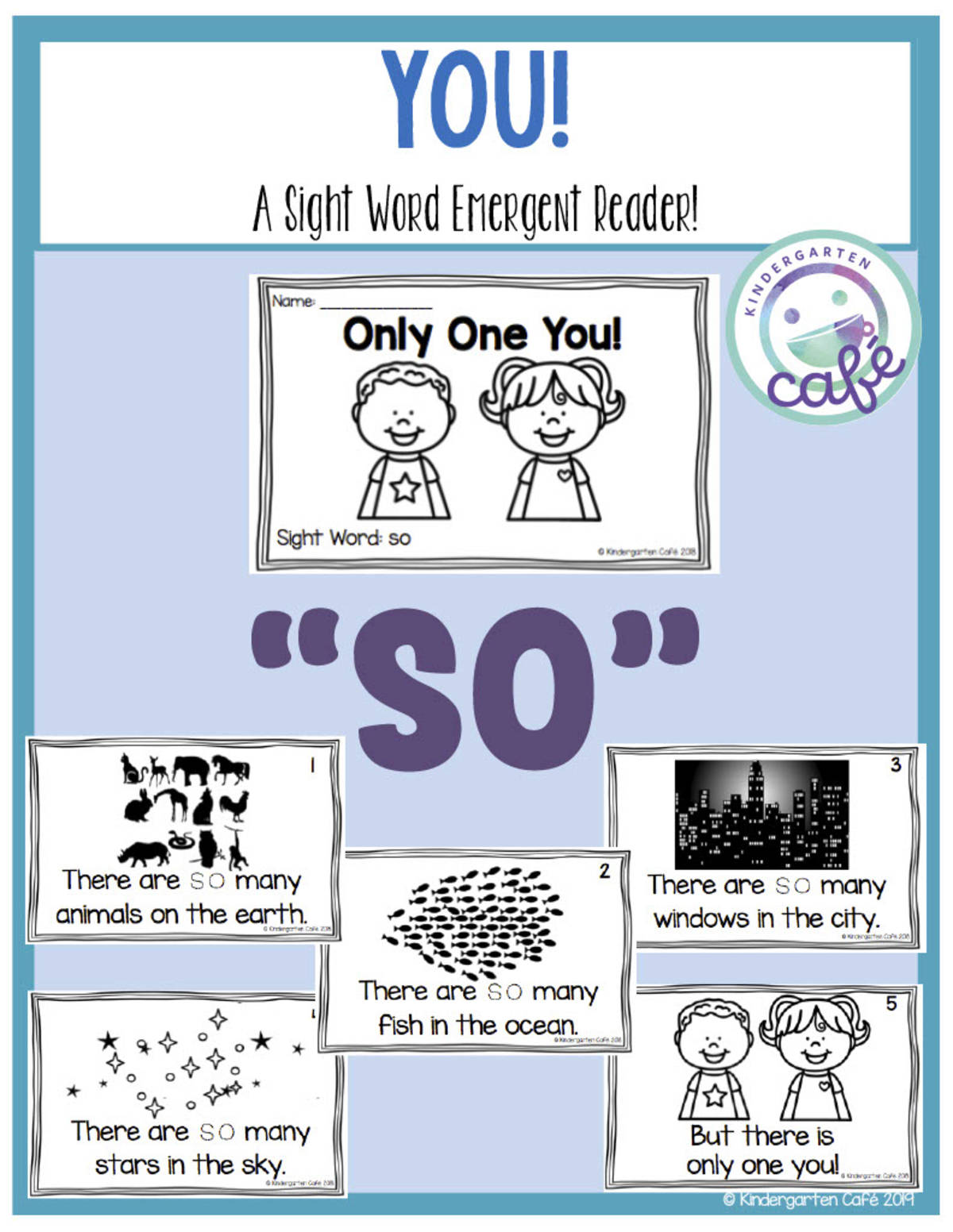 An educational teaching resource from Kindergarten Cafe entitled Sight Word Emergent Reader: Only One You Printable Booklet | "so" sight word downloadable at Teach Simple.