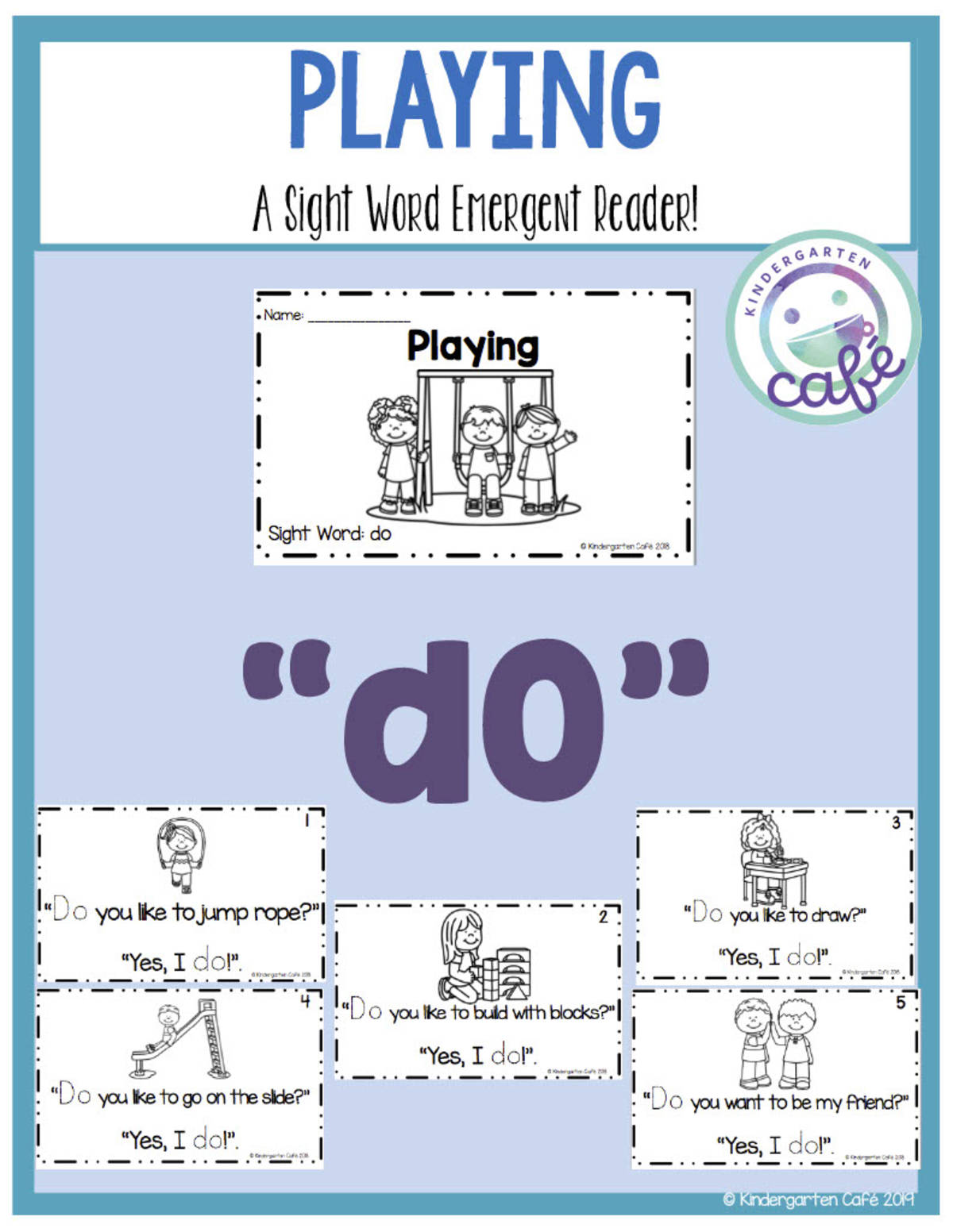 An educational teaching resource from Kindergarten Cafe entitled Sight Word Emergent Reader: Playing Printable Booklet | "do" sight word downloadable at Teach Simple.