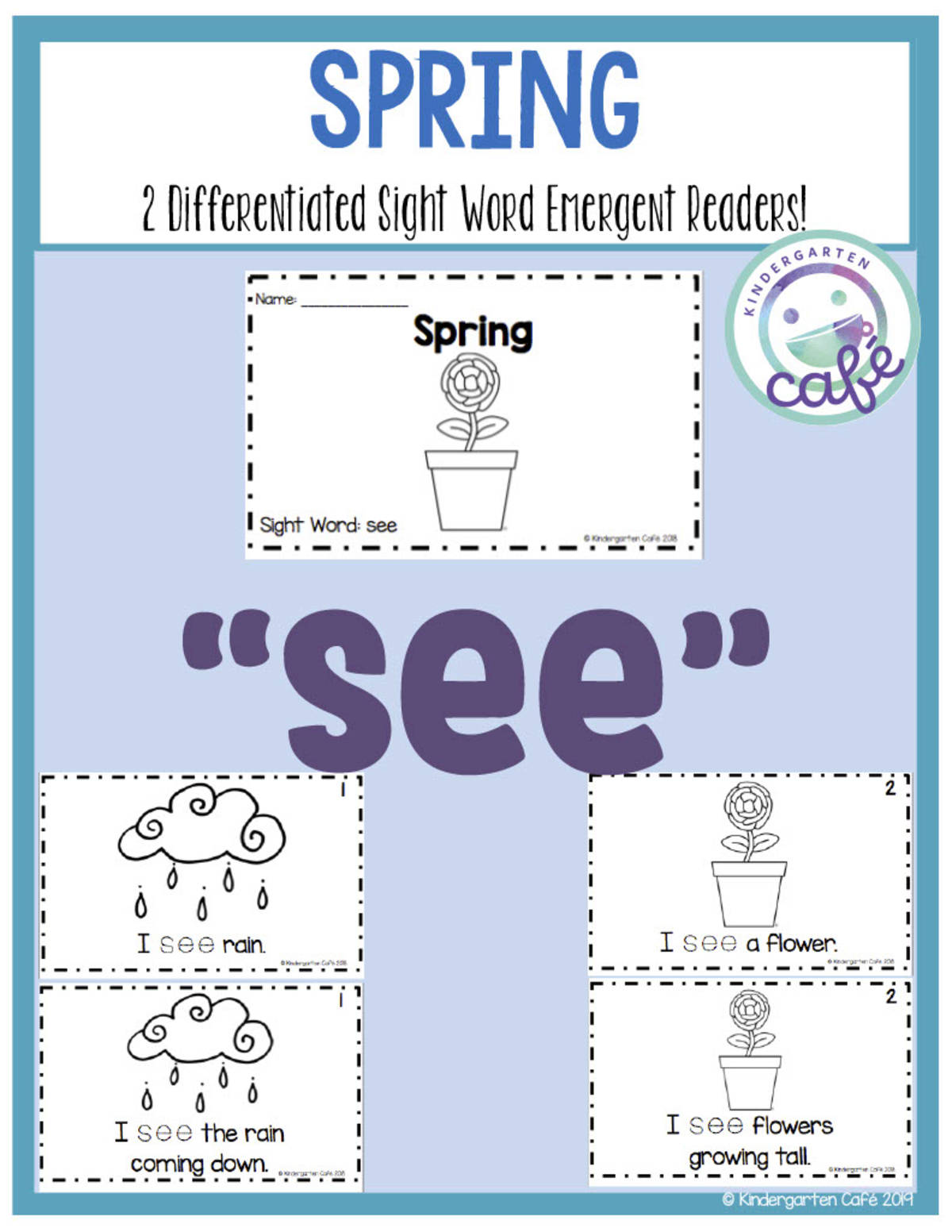 An educational teaching resource from Kindergarten Cafe entitled Sight Word Emergent Reader: Spring Printable Booklet | "see" sight word downloadable at Teach Simple.