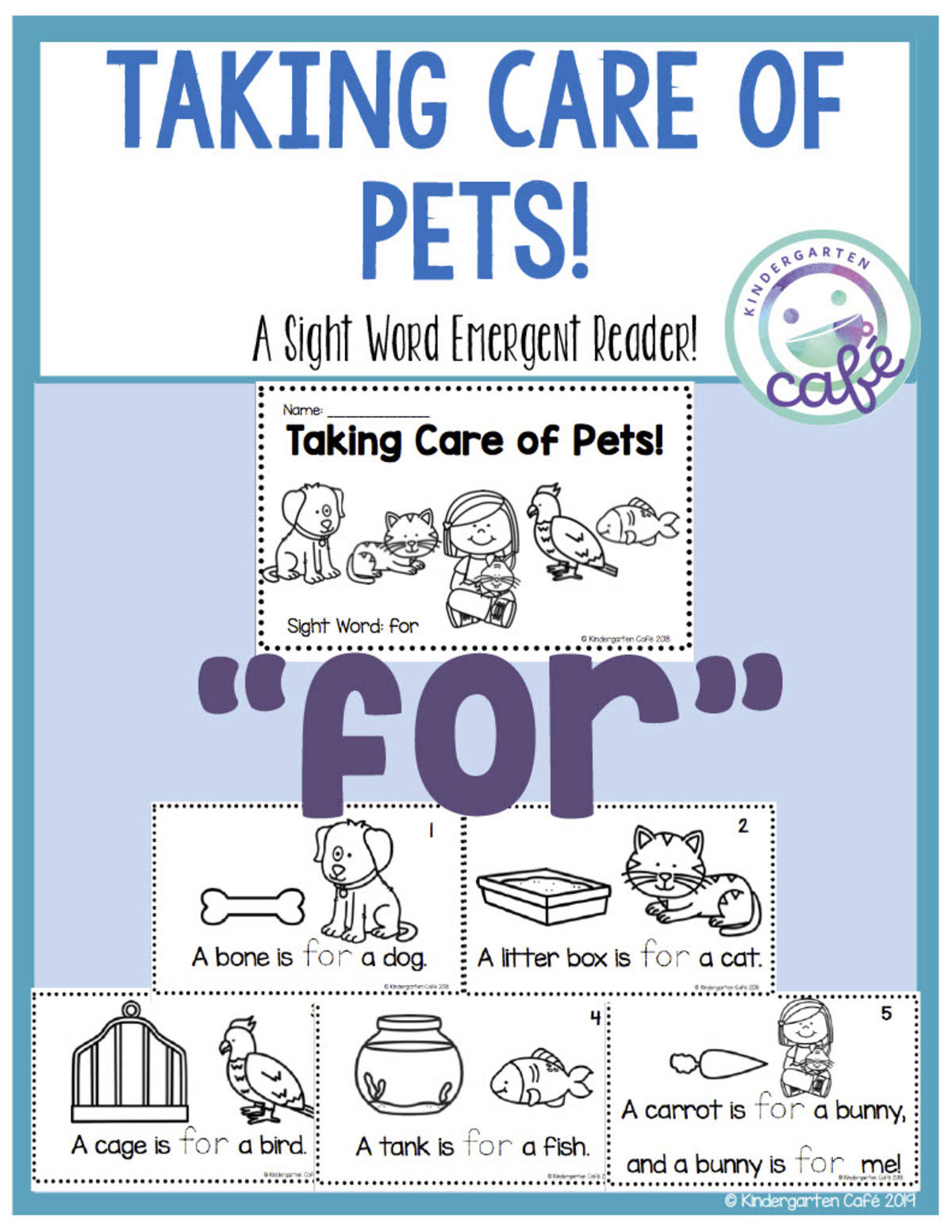 An educational teaching resource from Kindergarten Cafe entitled Sight Word Emergent Reader: Taking Care of Pets Printable Booklet | "for" sight word downloadable at Teach Simple.
