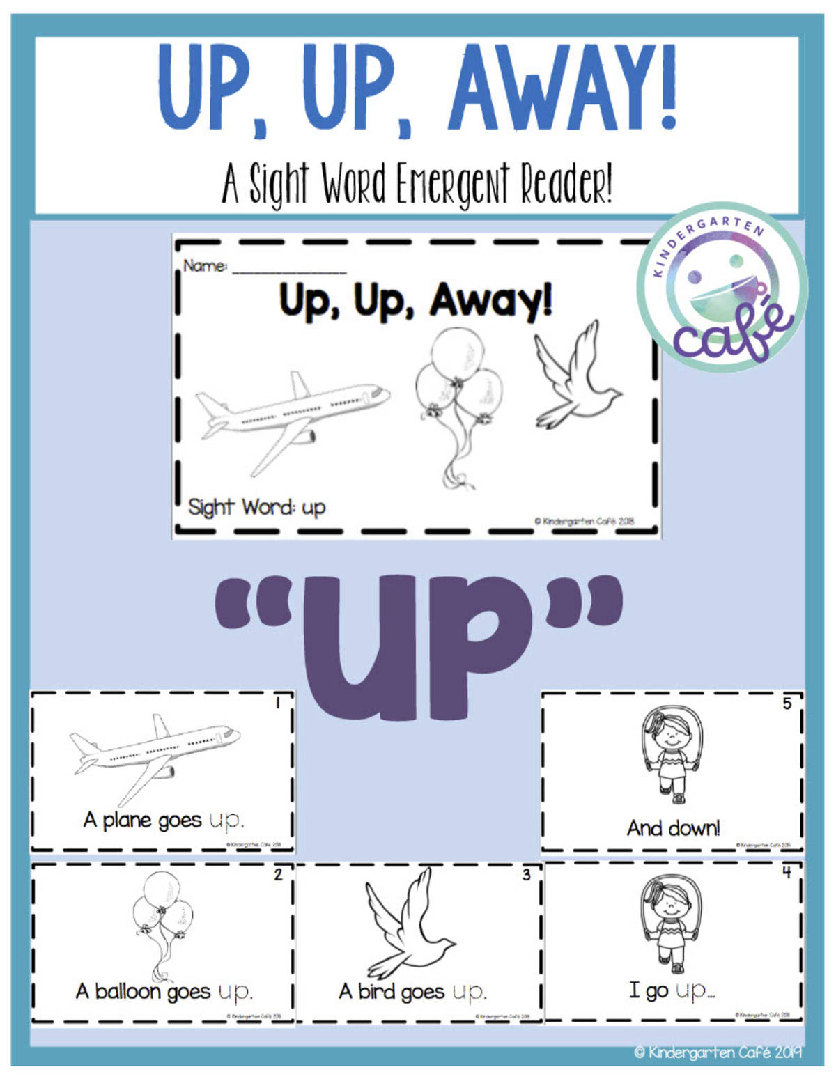 An educational teaching resource from Kindergarten Cafe entitled Sight Word Emergent Reader: Up, Up, Away Printable Booklets | "up" sight word downloadable at Teach Simple.