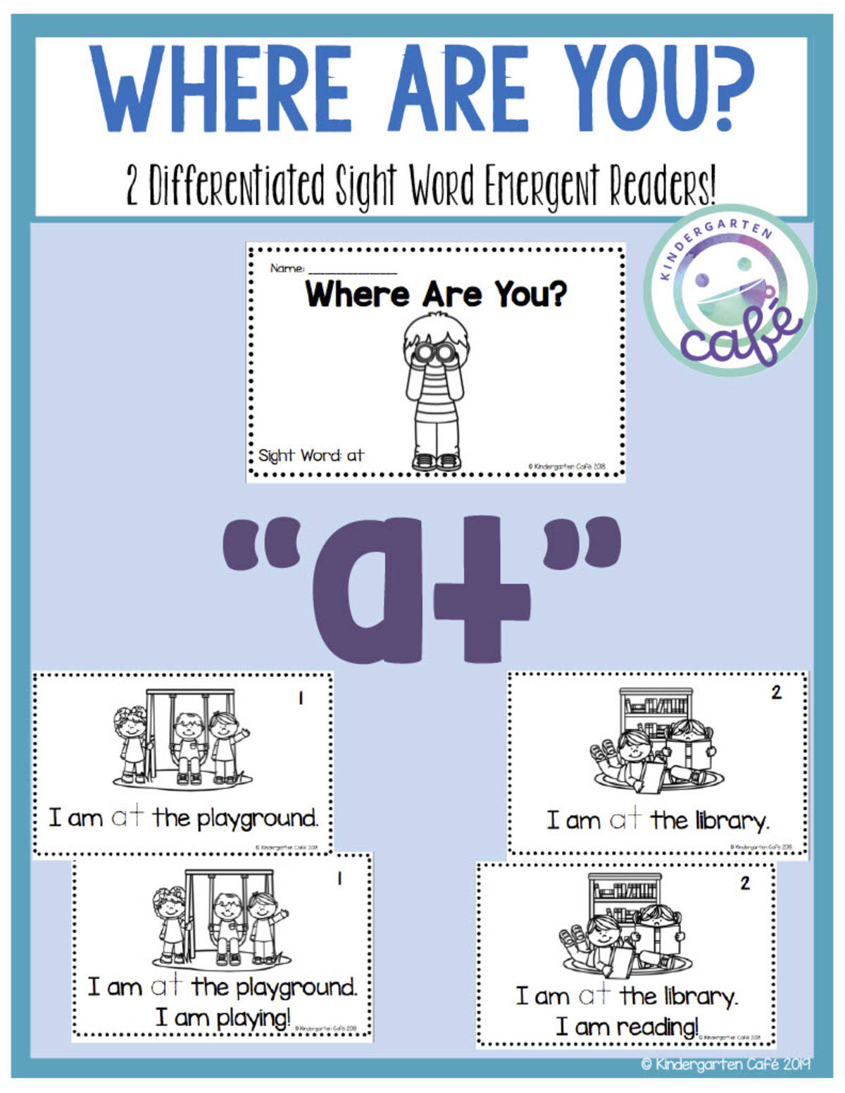 An educational teaching resource from Kindergarten Cafe entitled Sight Word Emergent Reader: Where Are You? Printable Booklet | "at" sight word downloadable at Teach Simple.