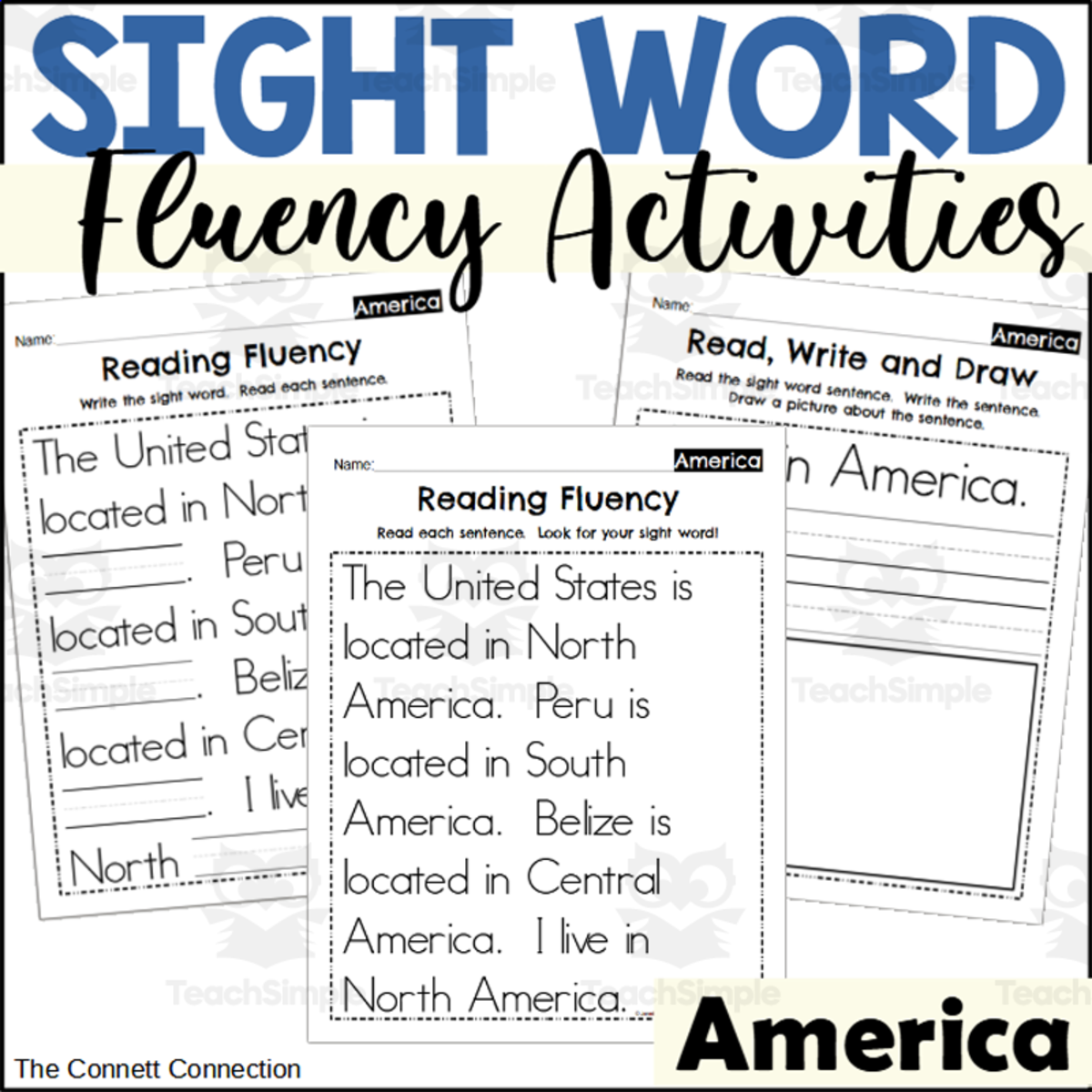An educational teaching resource from The Connett Connection entitled Sight Word Fluency Packet - America downloadable at Teach Simple.
