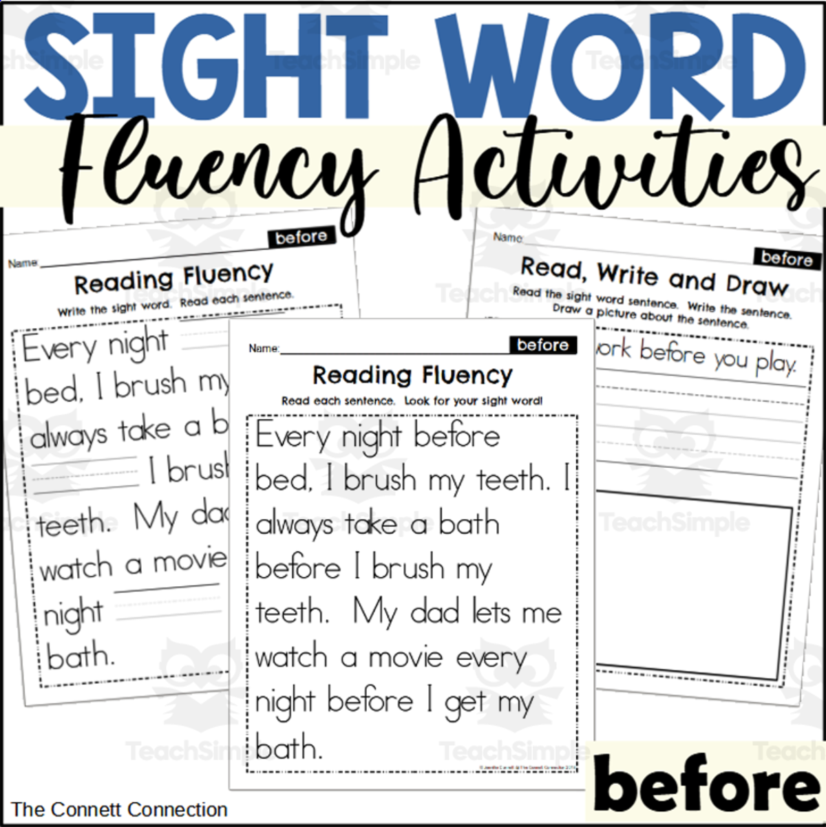 An educational teaching resource from The Connett Connection entitled Sight Word Fluency Packet - before downloadable at Teach Simple.