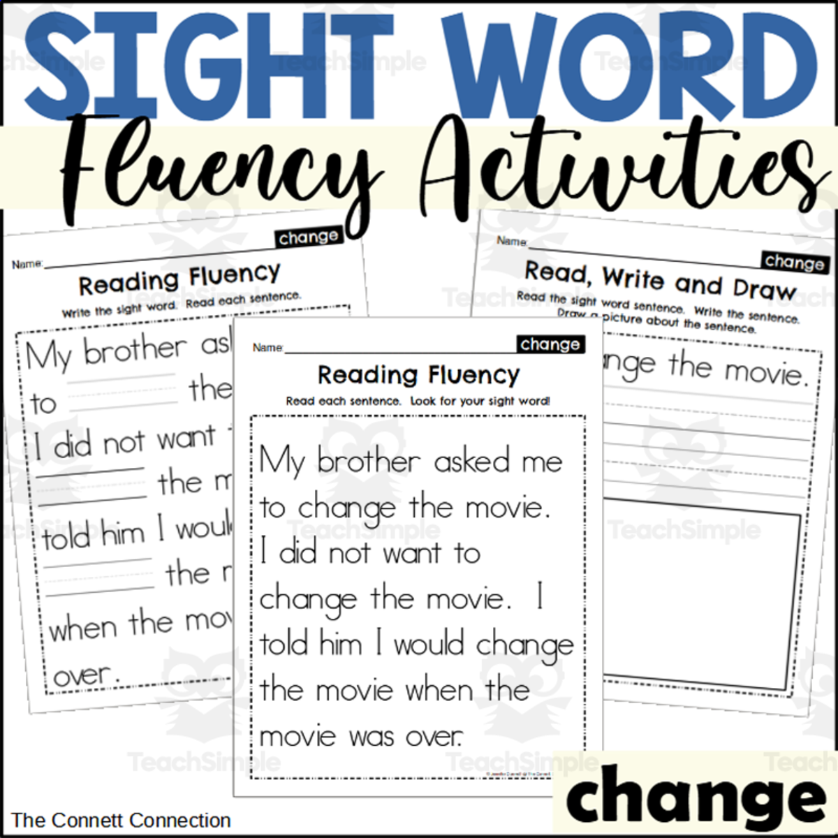 An educational teaching resource from The Connett Connection entitled Sight Word Fluency Packet - change downloadable at Teach Simple.