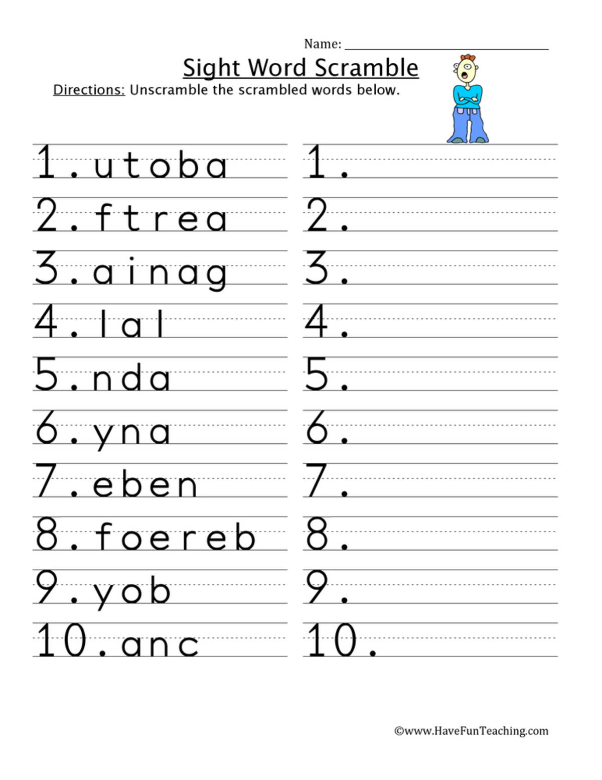 An educational teaching resource from Have Fun Teaching entitled Sight Word Scramble Worksheet downloadable at Teach Simple.