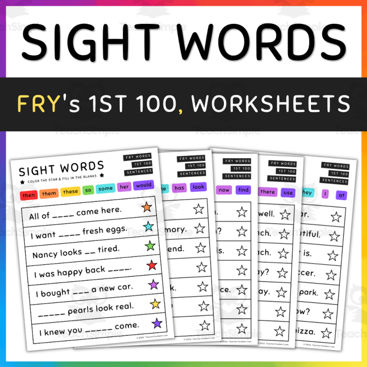 An educational teaching resource from TeacherYouWant entitled Sight Word Sentences, Fill in the Blanks, Fry's 1st 100 - SET 7 downloadable at Teach Simple.
