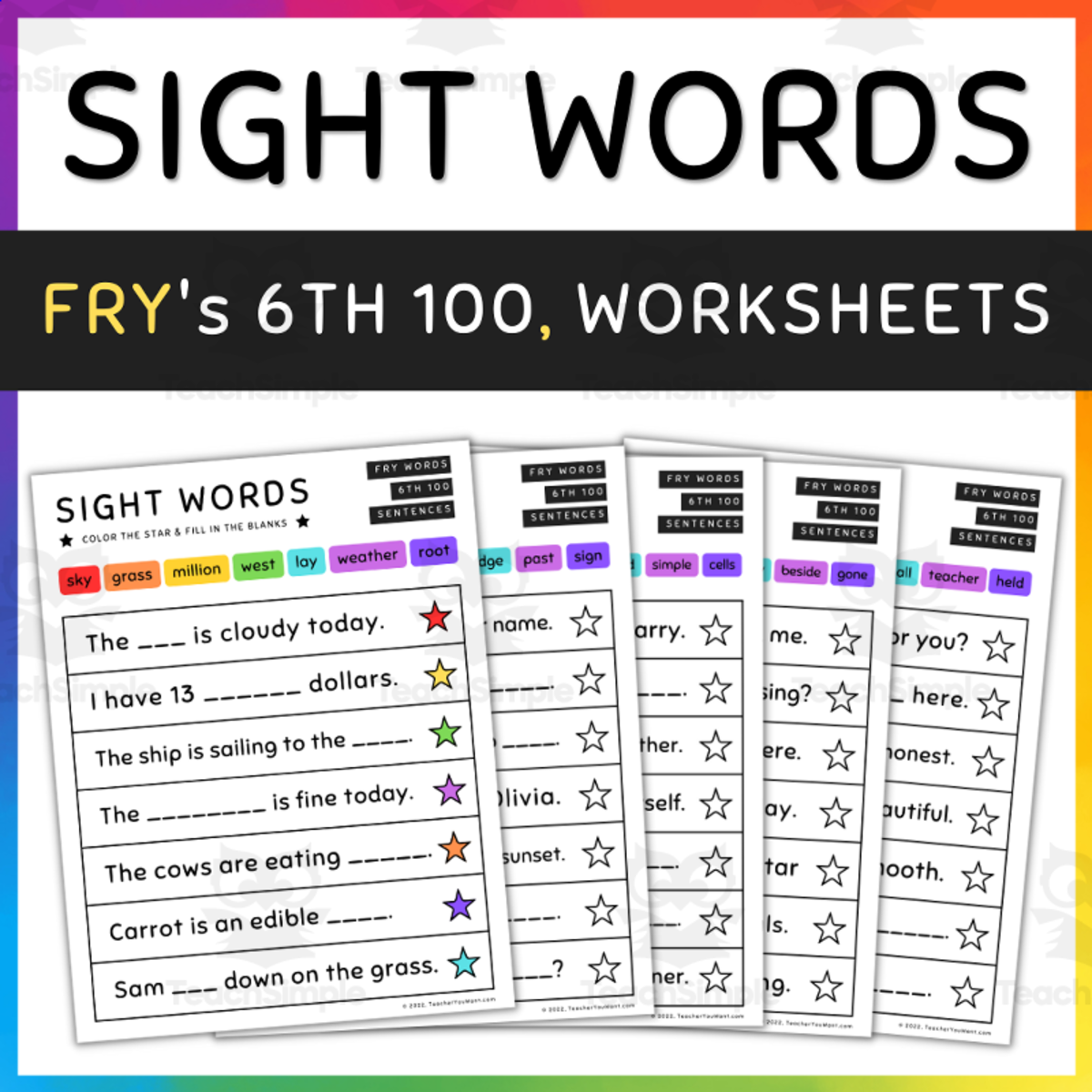 An educational teaching resource from TeacherYouWant entitled Sight Word Sentences, Fill in the Blanks, Fry's 6th 100 - SET 7 downloadable at Teach Simple.