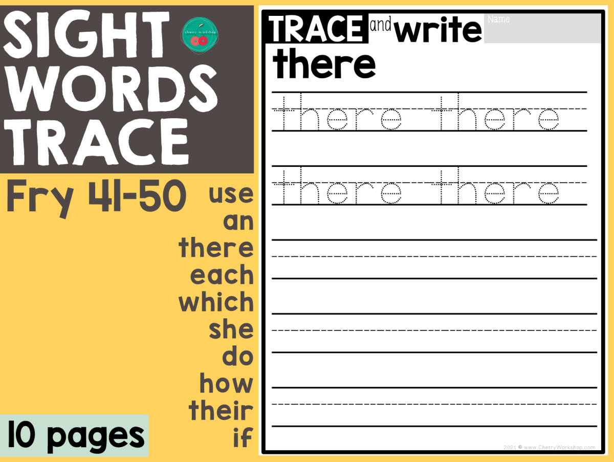 An educational teaching resource from Cherry Workshop entitled Sight Word Trace Fry 41-50 (set of 100) downloadable at Teach Simple.