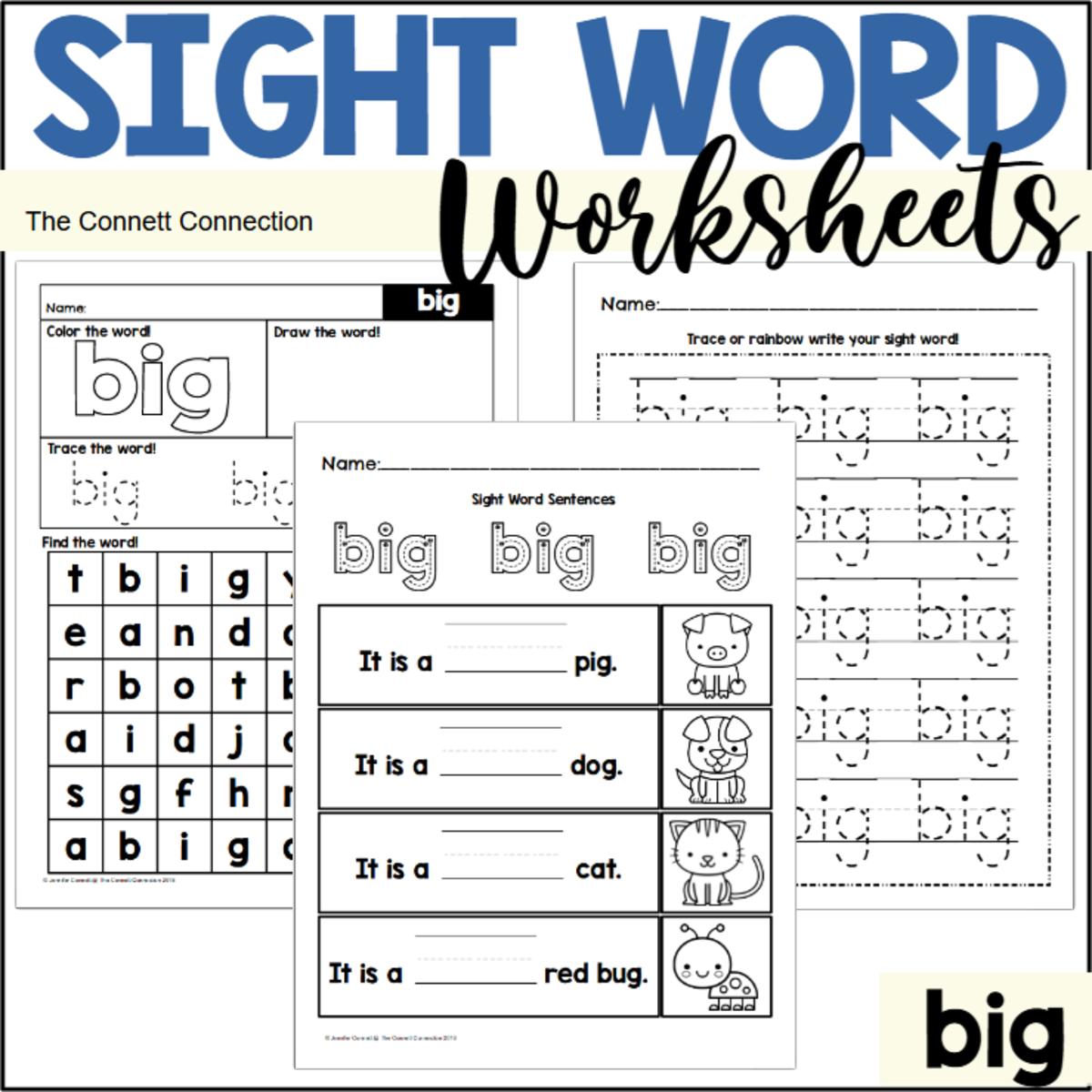 An educational teaching resource from The Connett Connection entitled Sight Word Worksheets: big downloadable at Teach Simple.