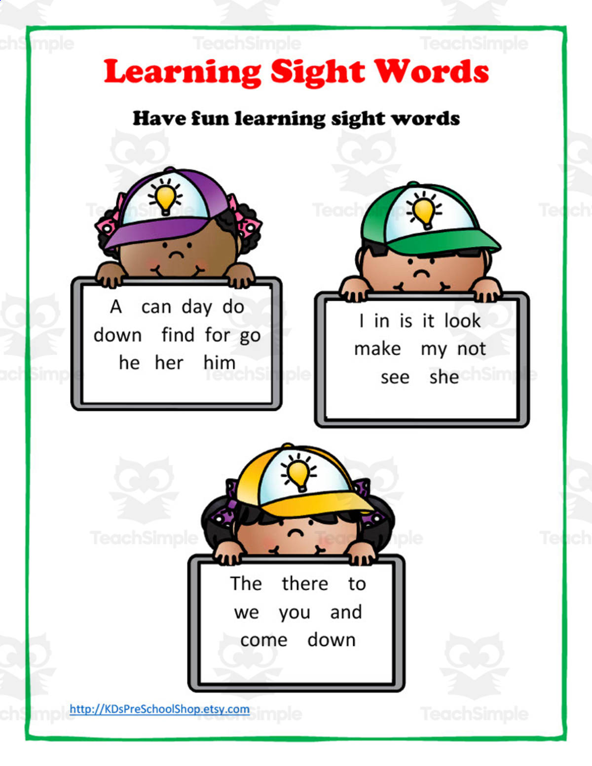 An educational teaching resource from KD's Kids School Shop entitled Sight Words Activity Packet downloadable at Teach Simple.