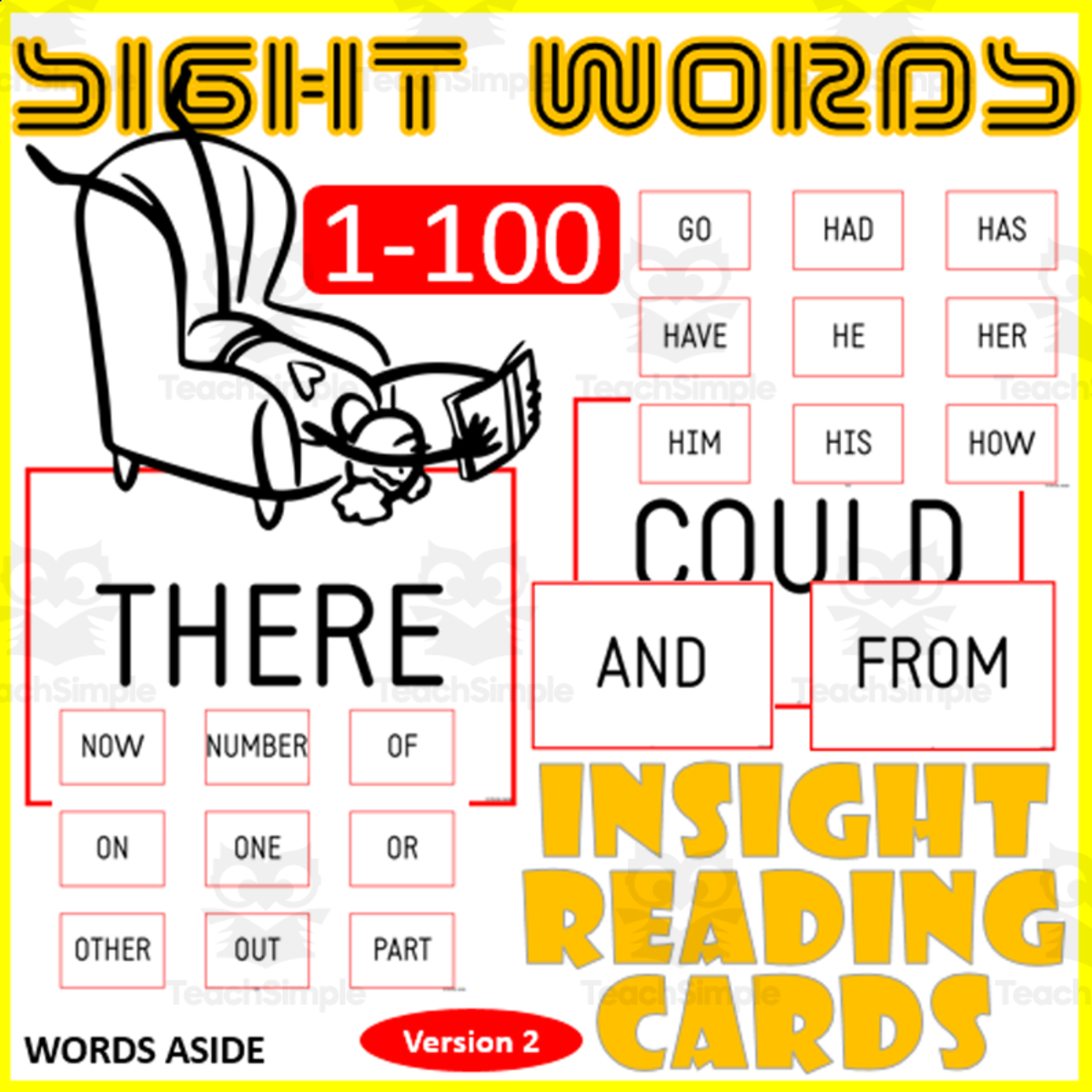 An educational teaching resource from WORDS ASIDE entitled Sight Words Flash Cards 1-100 version 2 ALL CAPITAL LETTERS downloadable at Teach Simple.