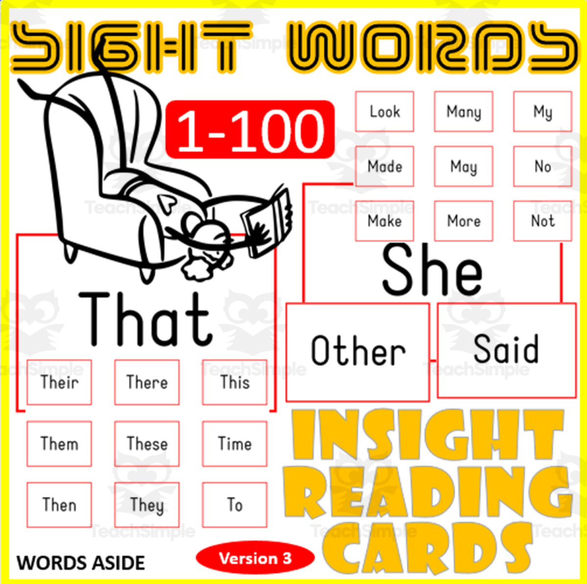 An educational teaching resource from WORDS ASIDE entitled Sight Words Flash Cards 1-100 version 3 INITIAL CAPITAL LETTER downloadable at Teach Simple.