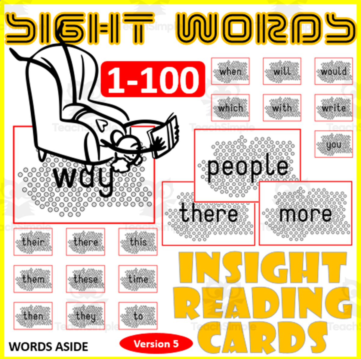 An educational teaching resource from WORDS ASIDE entitled Sight Words Flash Cards 1-100 version 5 VISUAL FIGURE GROUND downloadable at Teach Simple.